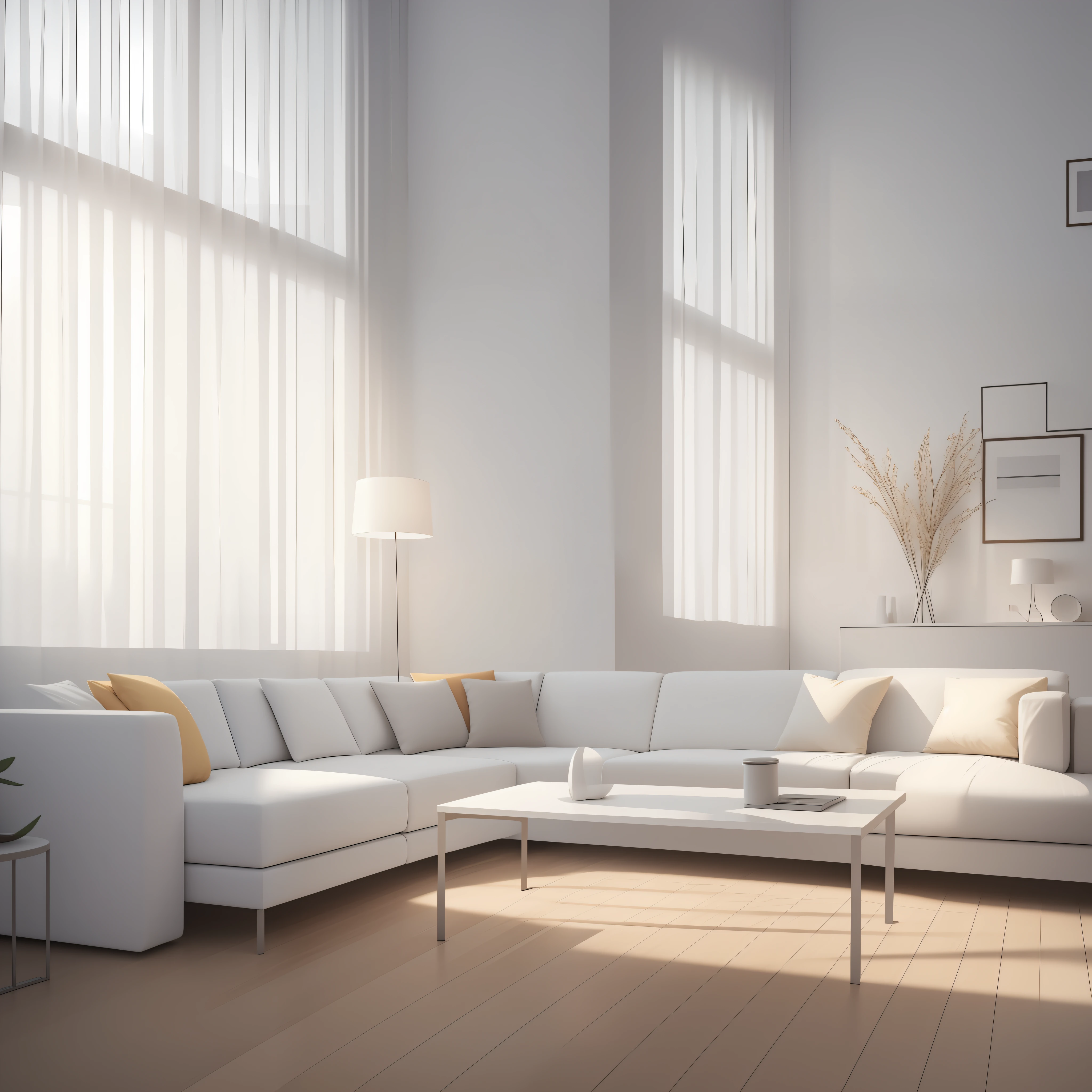 modern living room with white furniture, cushions, frames with no pictures, soft late afternoon light coming through windows, god rays, UHD, retina, super detail, high quality, highres, 16k
