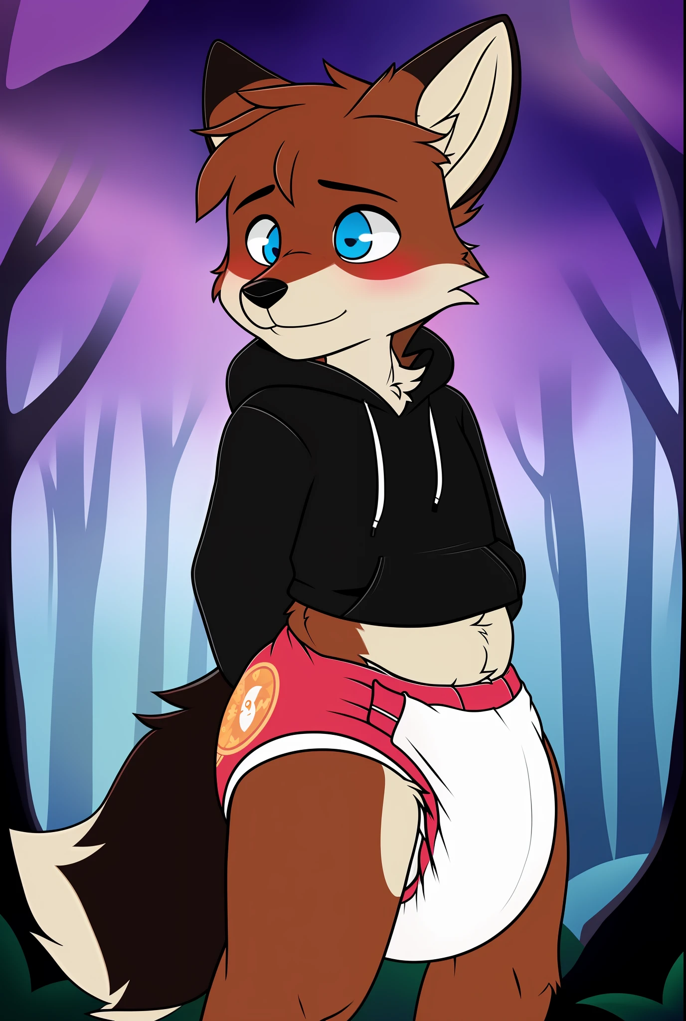 fox, femboy, beautiful stunning sky blue eyes, multicolored fur, white fur, dark brown fur, black fur, black tip ears, black tip tail, black paws, wearing red collar, wearing a hoodie, wearing a diaper, in a enchanted forest, solo,