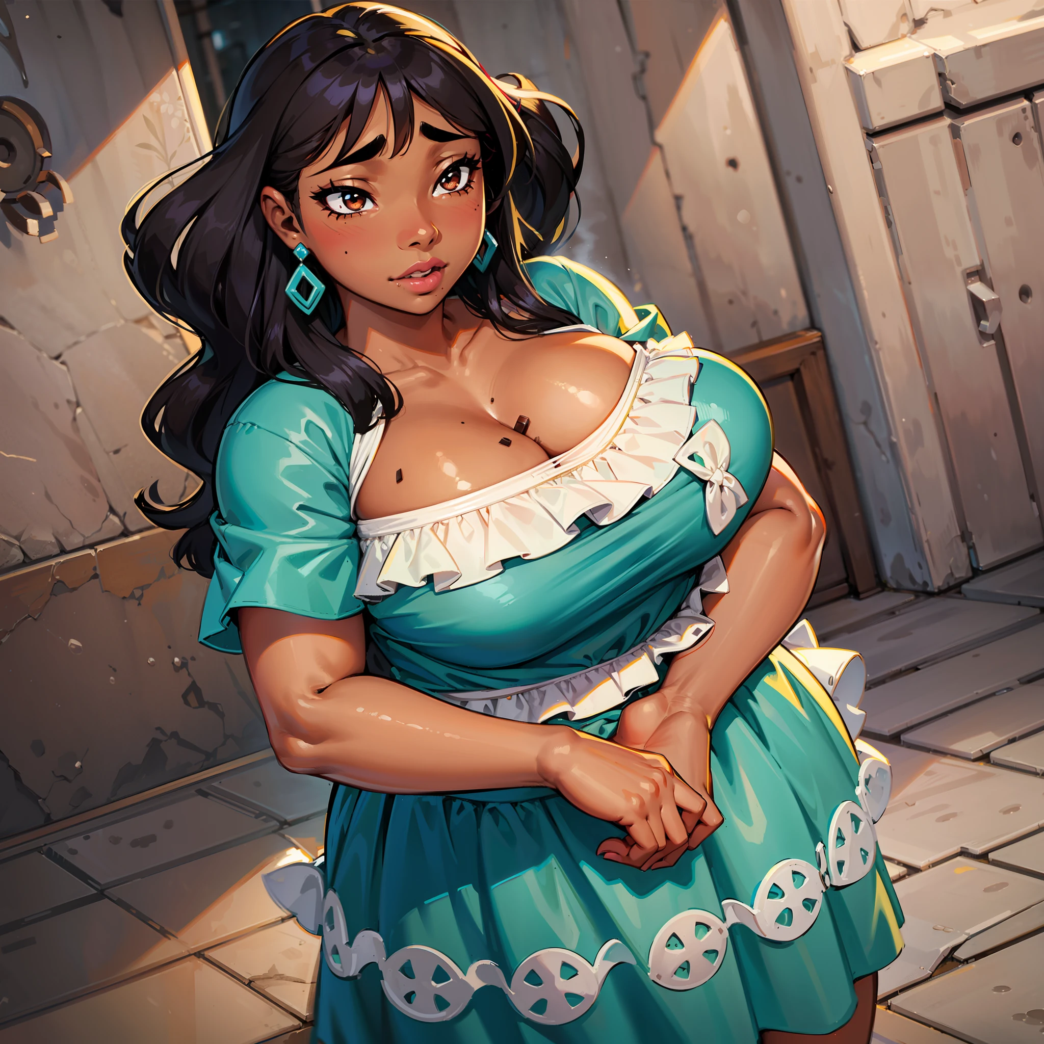 1girl, solo, breasts, dark_skin, dark-skinned_female, straight_hair, black_hair, shiny, shiny_hair, lips, parted_lips, brown_eyes, huge_natural_breasts, huge butt, eyelashes, big_lips, lipstick, very_long_hair, mole, mole on chest, very dark-skinned female, chubby female, chubby girl, highly detailed, clear focus, chubby, chubby woman, high quality, best quality, 8k, traditional clothes, mexican dress, multicolor dress, traditional, mexican clothes, red and blue dress, full body, simle