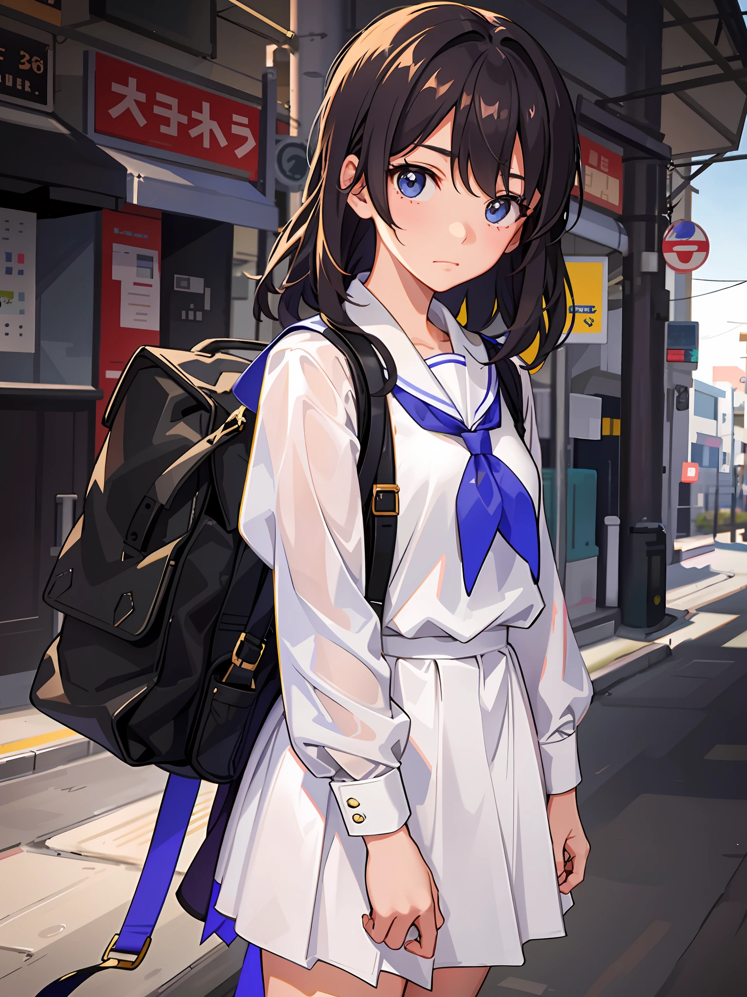 A young girl, wearing a school uniform. She should be at school. Her expression was sad, her eyes were supposed to be blonde, and her hair was blonde.