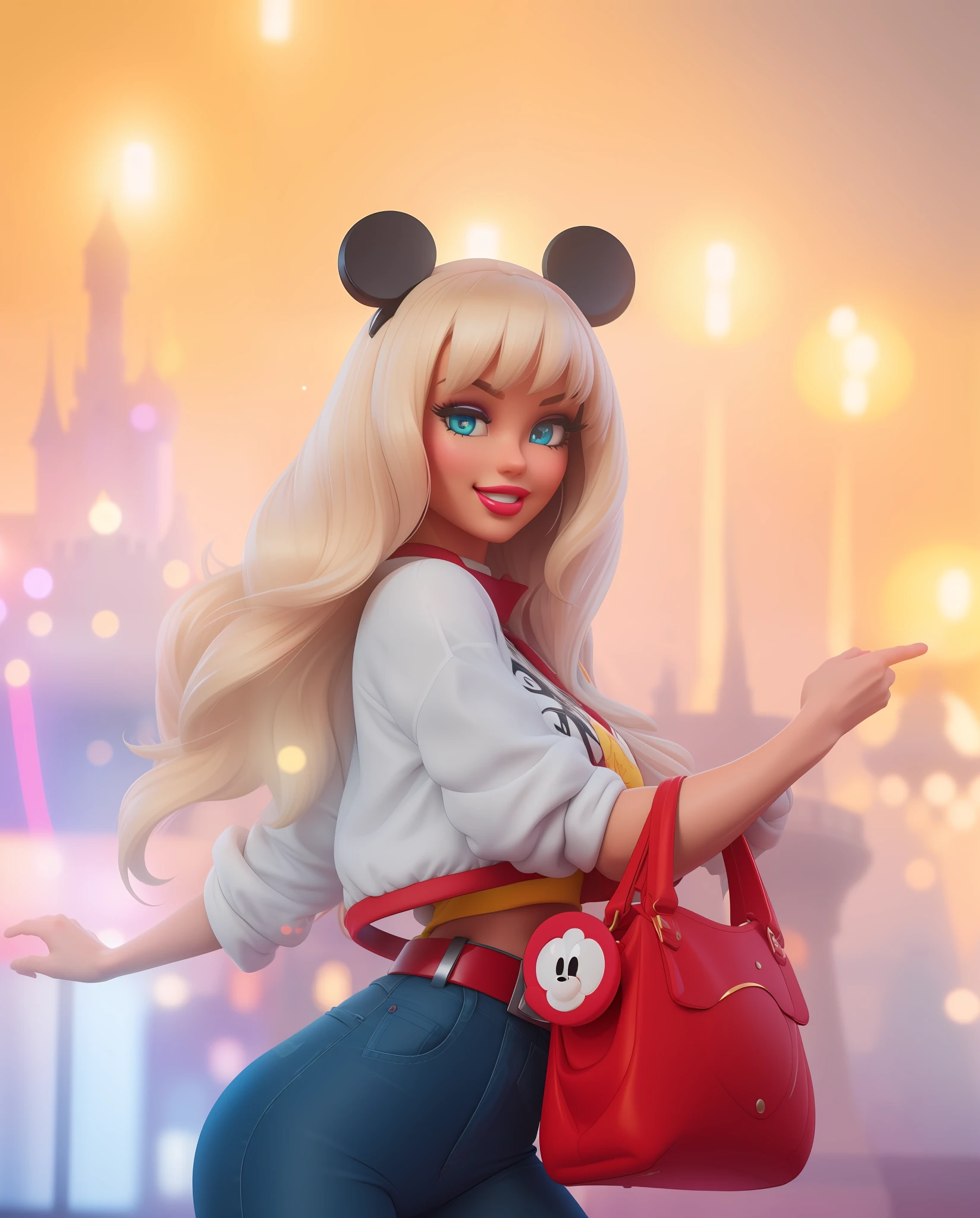 (masterpiece, best quality), highres, (8k, RAW photo, highest quality), ultra-realistic, 3d, centered, (TS_Barbie), mid shot, (full body:1.2), beautiful, a cartoon girl standing on in front of a Mickey Ferris wheel, wearing a silver glittery jacket deep blue skinny with red belt in the style of pixar, Mickey hat, (legwarms), holding a Mickey red baloon (perfect lighting and composition:1),soft lighting, (high detail, 8K resolution:1), hdr:0.7, detailed face, perfect, (dynamic), pose, (high quality:1.2), plastic skin, ((shiny:1.3)), hourglass figure, smile, (depth of field:0.8), 50mm, film grain:0.7, fujifilmXT3, focus face, looking at viewer, (detailed eyes), floating particles, analog style, beautiful, light makeup, lipstick, (thick waist, thick arms, thick thighs:0.6), Disneyland, Disney, Mickey amazing composition, lively, ((volumetric lighting)), halation:0.5