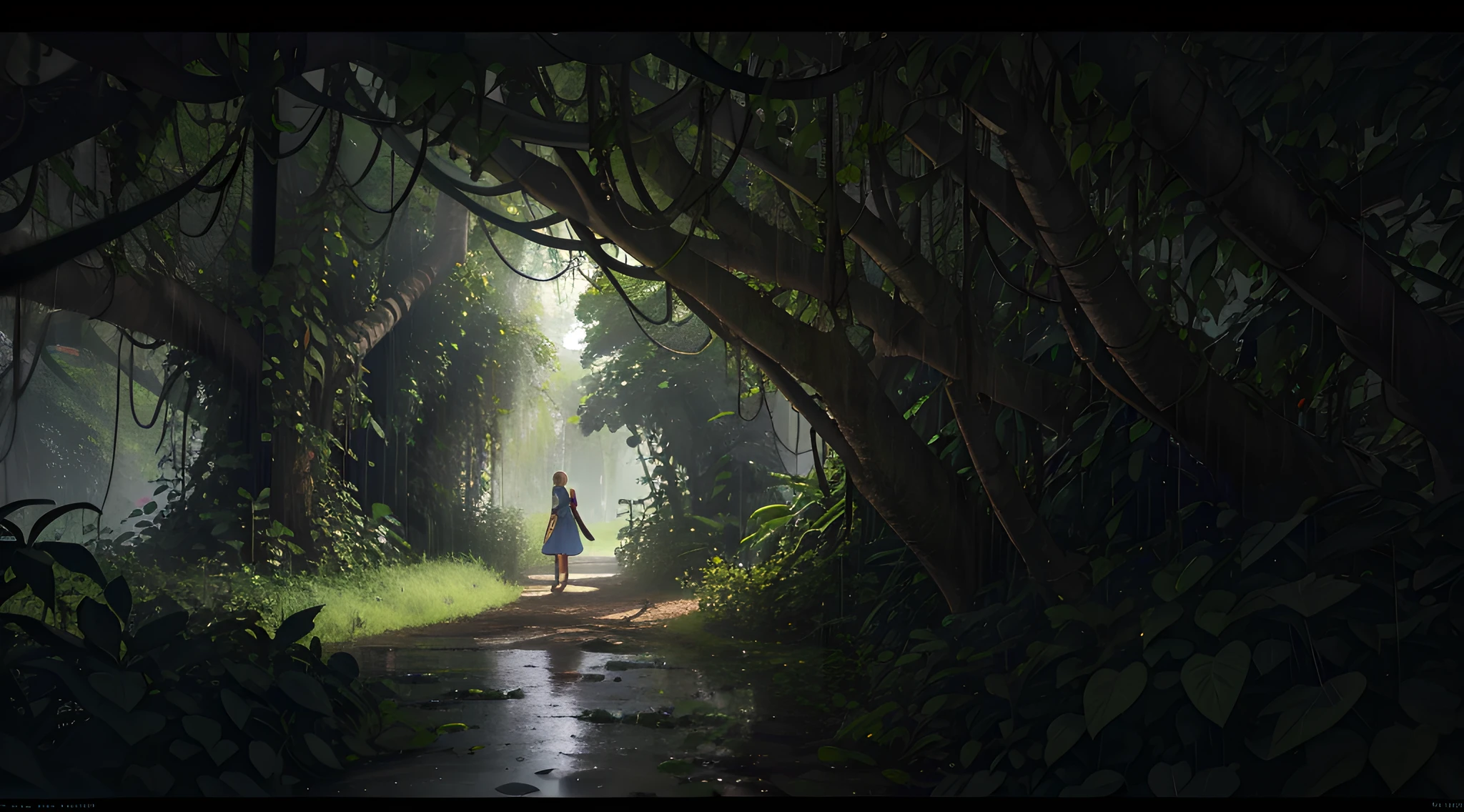 Jungle, with intense rains, vines around, giant and wet trees, masterpiece, best quality, high quality, extremely detailed CG unity 8k wallpaper, award-winning photography, bokeh, depth of field, HDR, flowering, chromatic aberration, photorealistic, very detailed, popular on artstation, popular in CGsociety, complex, high detail, dramatic, art in the middle of the road, volumetric lighting
