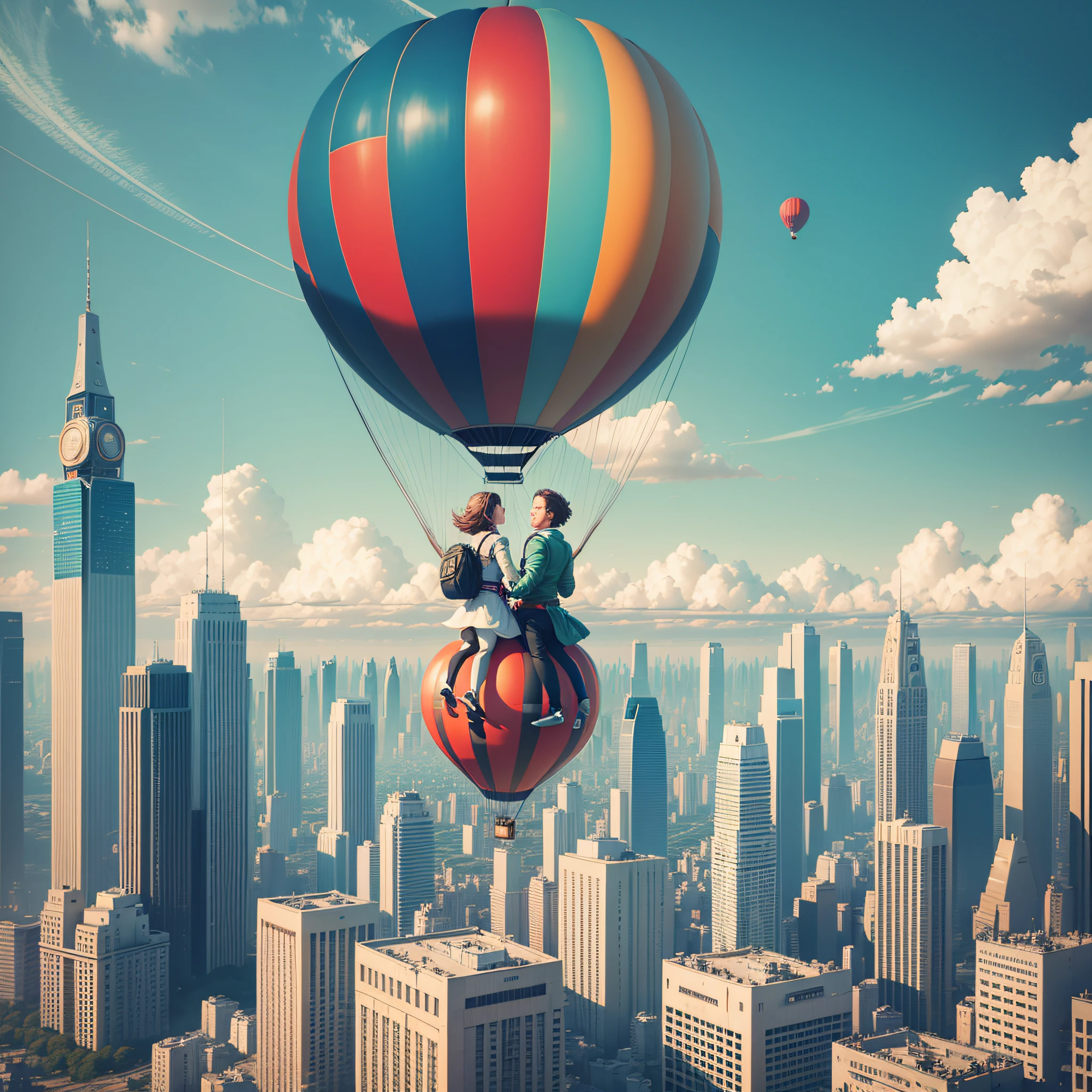 Create an image with a couple riding a balloon in a futuristic city --auto --s2