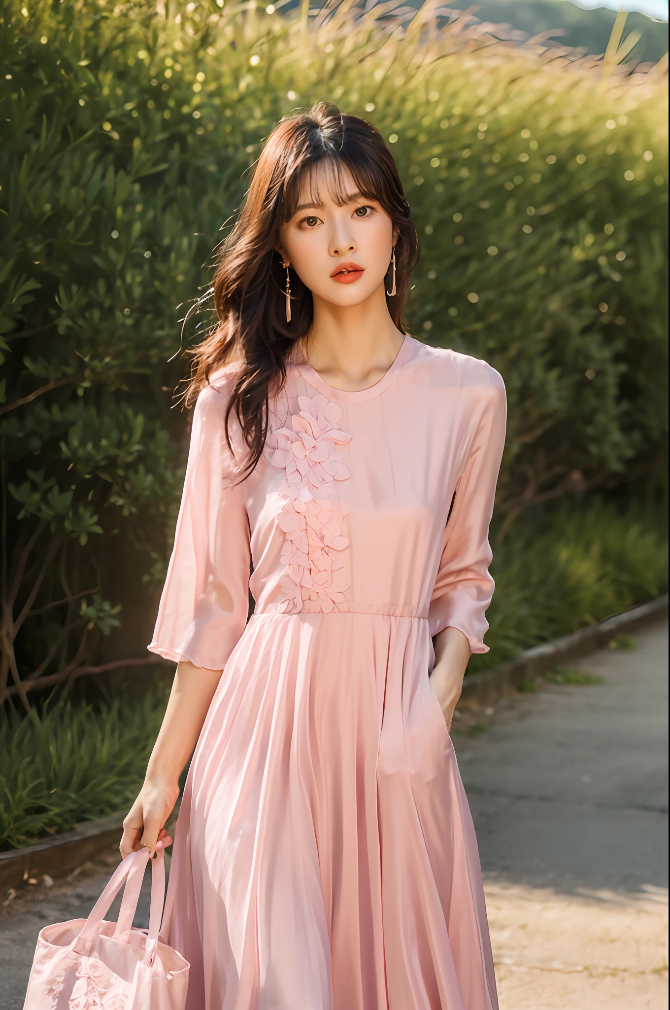 araffe woman in a pink dress and white bag walking down a path, long dress female, pink dress, soft silk dress, simple dress, in long pink or violet dresses, elegant dress, wearing a pink dress, light pink, korean women's fashion model, romantic dress, chinese dress, feminine in cute pastel shades, silk dress, stylish dress