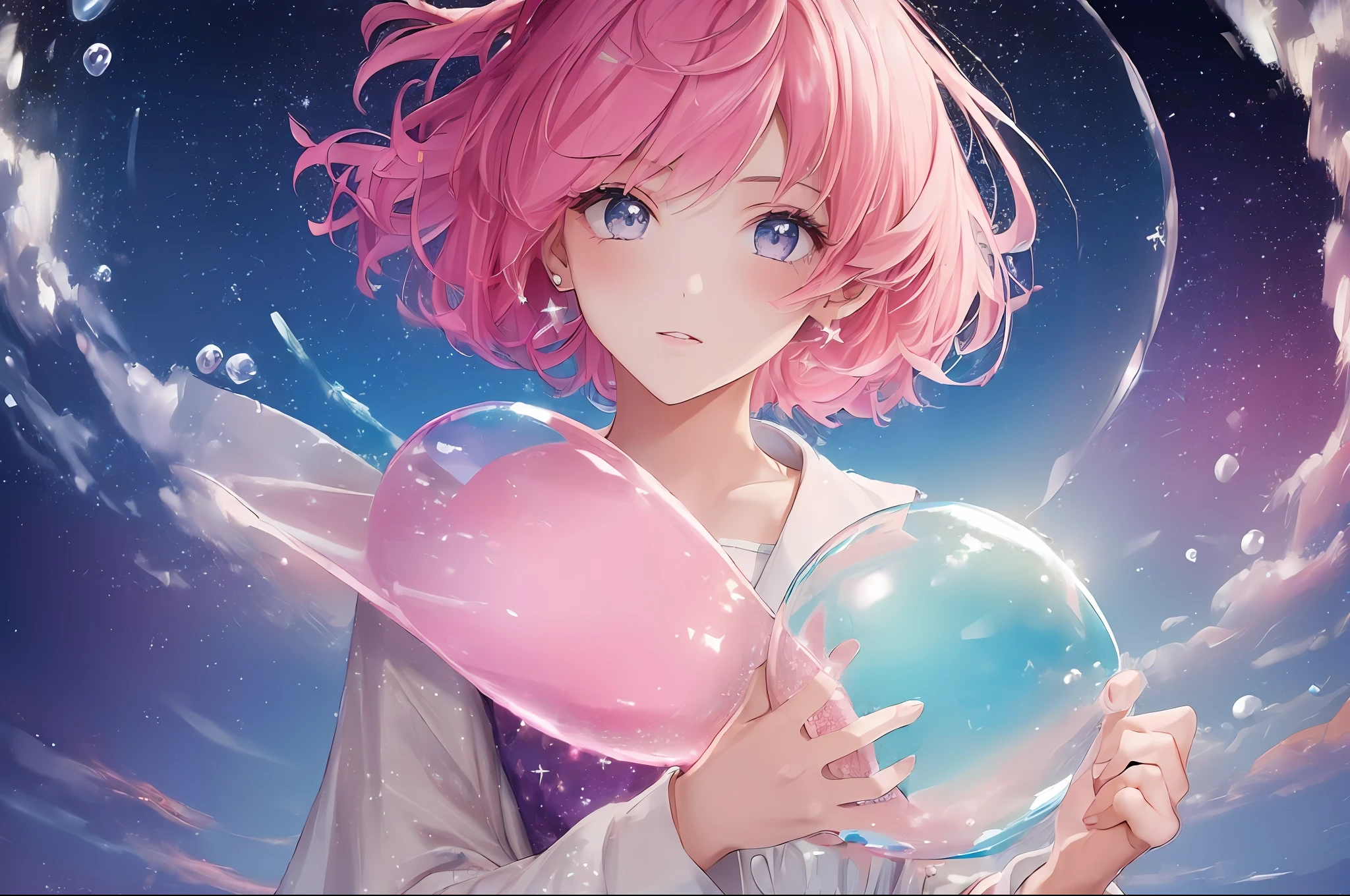(high quality masterpiece:1.5), 1girl, pink hair, glitter, stars, bubble,