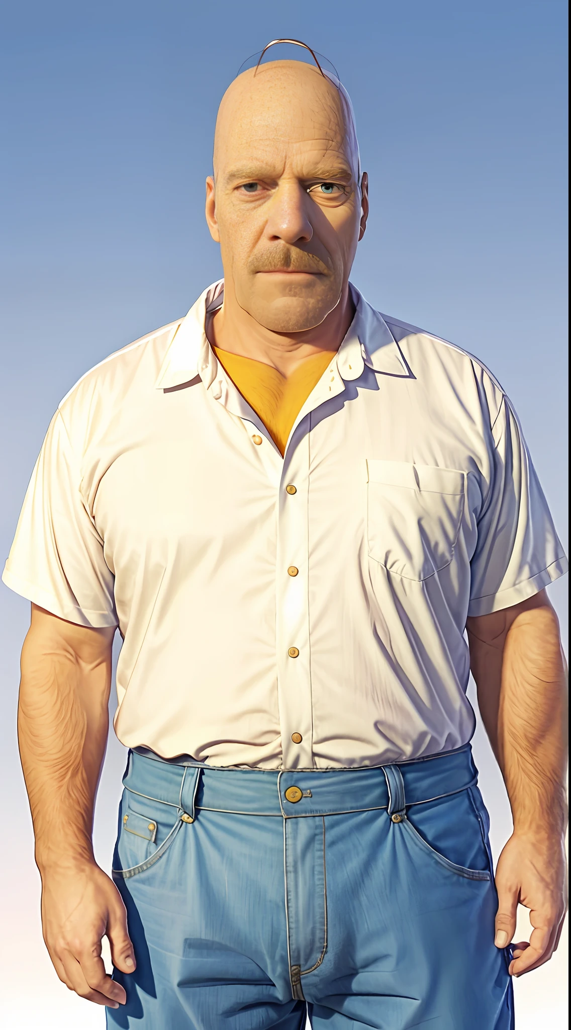 A cartoon of a man (Homer Simpson) with a white shirt and blue pants, Homer Simpson, Homer Simpson style, Homer Simpson lookalike, portrait of Homer Simpson, Homer Simpson as a real person, as if Homer Simpson came to life, 3d render of Homer Simpson, photorealistic Homer Simpson, real life Homer Simpson, real human style, Ned Flanders