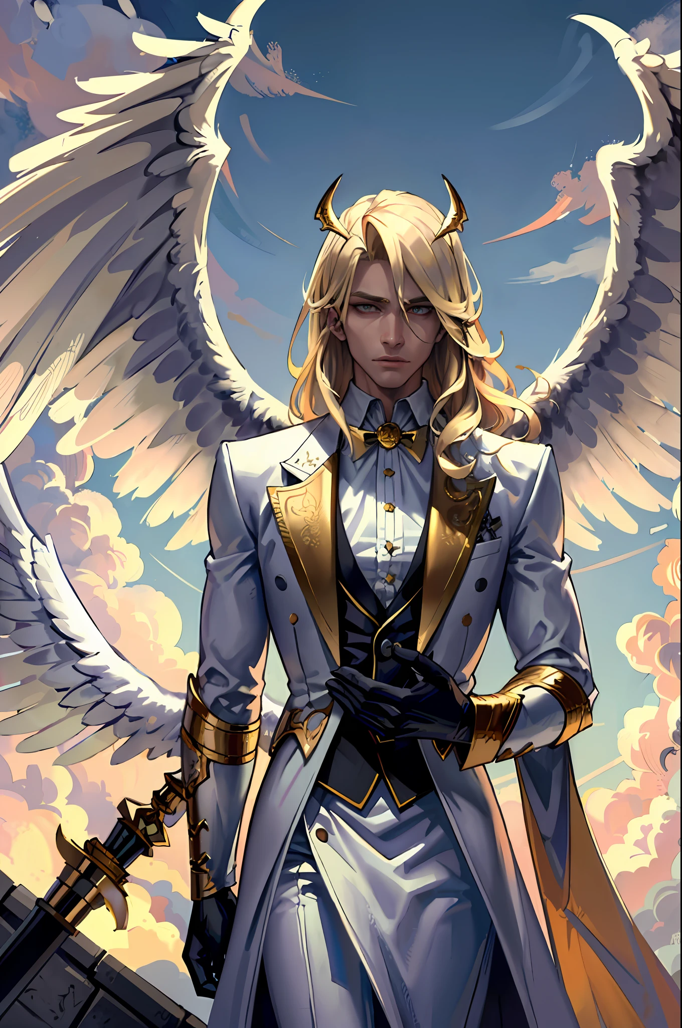 ((masterpiece, best quality)), Lucifer the fallen angel, very handsome, blond and medium hair, thin, huge and beautiful wings on his back, wearing white clothes, spiteful expression, looking at the viewer, golden clouds in the background