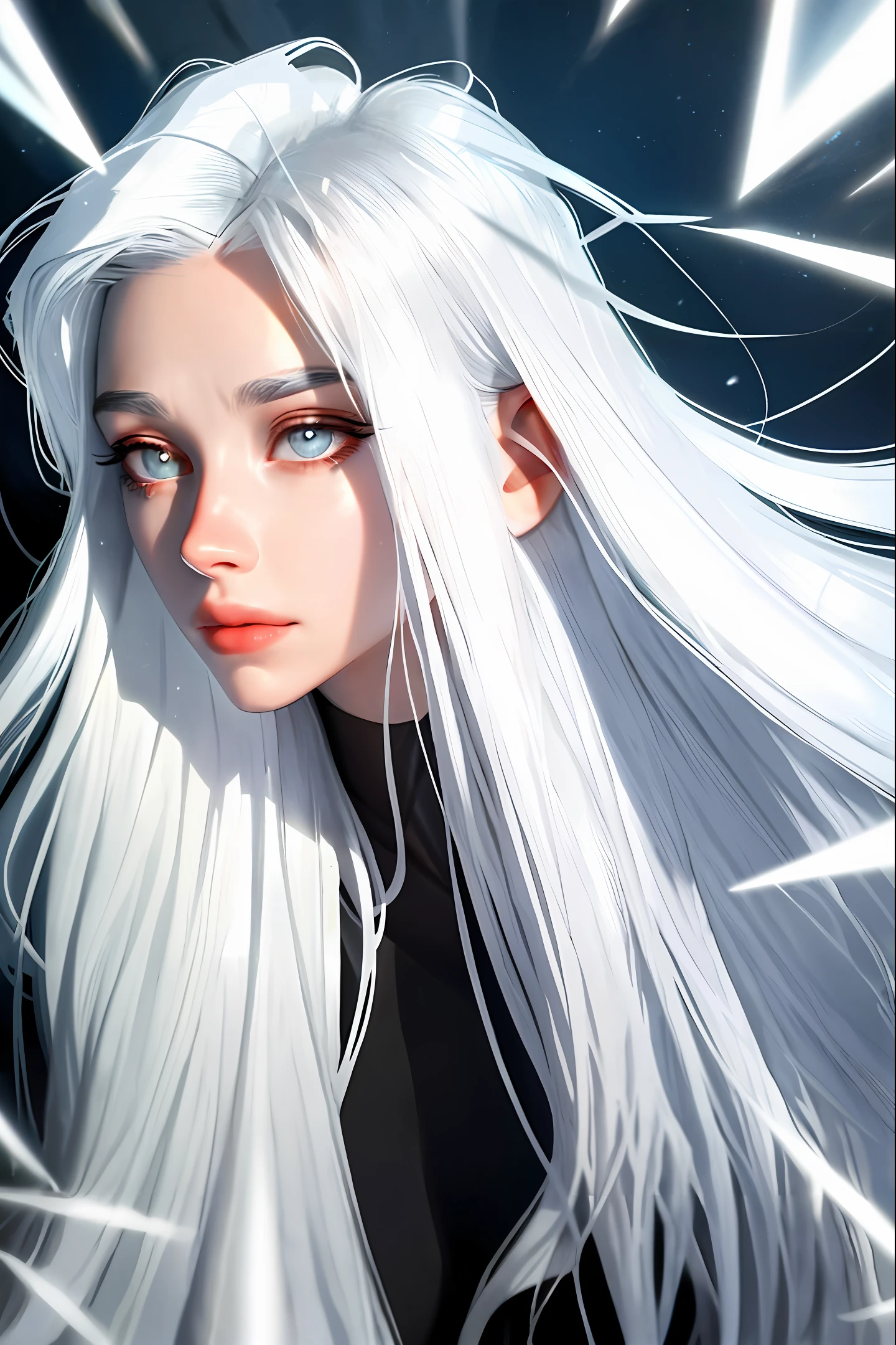 a close up of a person with long hair, color page, ray of light through white hair, upside down, quicksilver, intriguing eyes, to be or not to be, genderless, silver haired, beautiful angle, cover