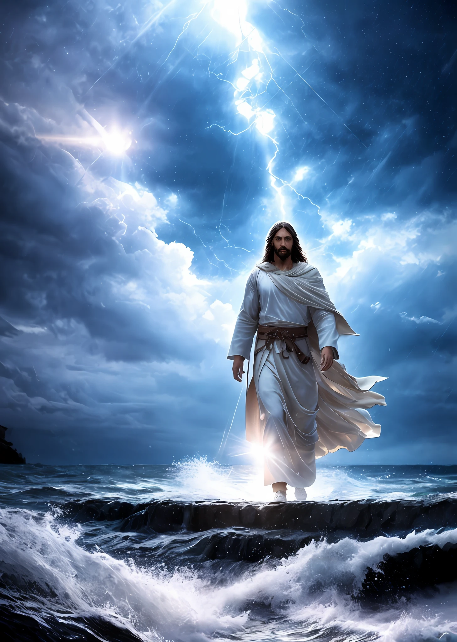 Jesus walking on water in a storm, gentle expression, streaks of light coming down from the sky, masterpiece, highest quality, high quality, highly detailed CG unit 8k wallpaper, award-winning photos, bokeh, depth of field, HDR, bloom, chromatic aberration, realistic, very detailed, trending at artstation, trending at CGsociety, complex, high detail, dramatic, mid-journey art, volumetric lighting