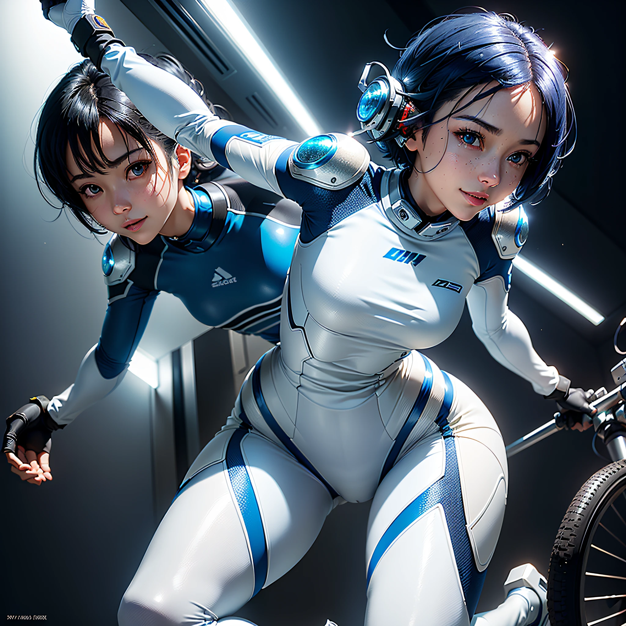 (masterpiece, highest quality, highest resolution, distinct_image, very elaborate CG, cinematic lighting, ray tracing, drop shadows, detailed detail, (photorealistic: 1.4), high quality textures, fine-grained, realistic face expression): (lone girl, face is Japan, short blue hair, small size breasts, sparkling eyes, Eye level shot, white and blue color flight suit, tight fit clothes, full-body covering clothes, light smile, beauty, slim body, exoskeleton, heroine, headset, long boots, gloves, riding a wheelless motorcycle flying in the blue sky and leaning forward)