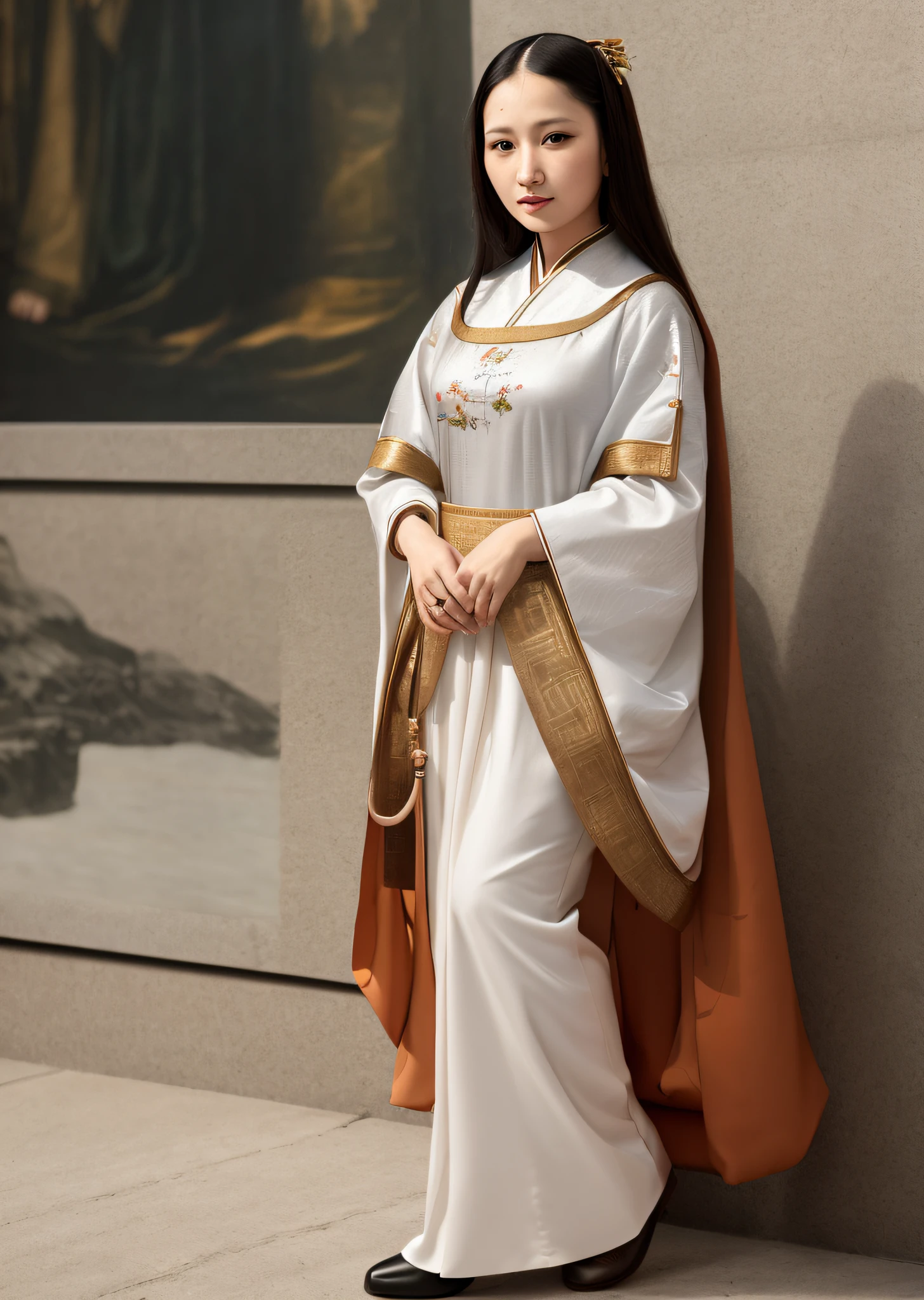 Mona Lisa dressed in Chinese peasant costume, gentle expression, full body portrait, shoes, catwalk, masterpiece, highest quality, high quality, highly detailed CG unit 8k wallpaper, award winning photo, bokeh, depth of field, HDR, flood, chromatic aberration, realistic, very detailed, art station trend, CGsociety trend, complex, high detail, dramatic, midway art, volumetric lighting