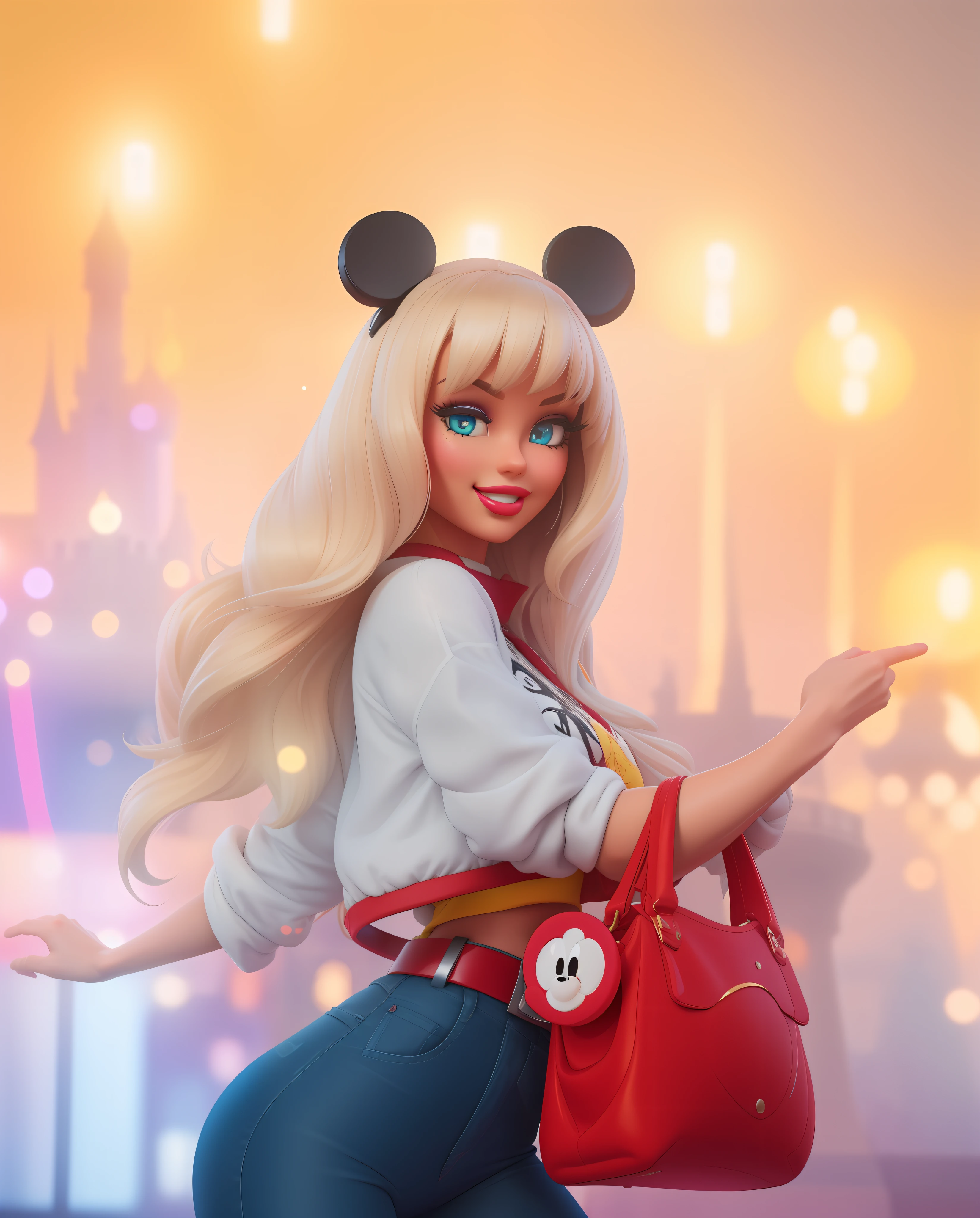(masterpiece, best quality), highres, (8k, RAW photo, highest quality), ultra-realistic, 3d, centered, (TS_Barbie), mid shot, (full body:1.2), beautiful, a cartoon girl standing on in front of a Mickey Ferris wheel, wearing a silver glittery jacket deep blue skinny with red belt in the style of pixar, Mickey hat, (legwarms), holding a Mickey red baloon (perfect lighting and composition:1),soft lighting, (high detail, 8K resolution:1), hdr:0.7, detailed face, perfect, (dynamic), pose, (high quality:1.2), plastic skin, ((shiny:1.3)), hourglass figure, smile, (depth of field:0.8), 50mm, film grain:0.7, fujifilmXT3, focus face, looking at viewer, (detailed eyes), floating particles, analog style, beautiful, light makeup, lipstick, (thick waist, thick arms, thick thighs:0.6), Disneyland, Disney, Mickey amazing composition, lively, ((volumetric lighting)), halation:0.5