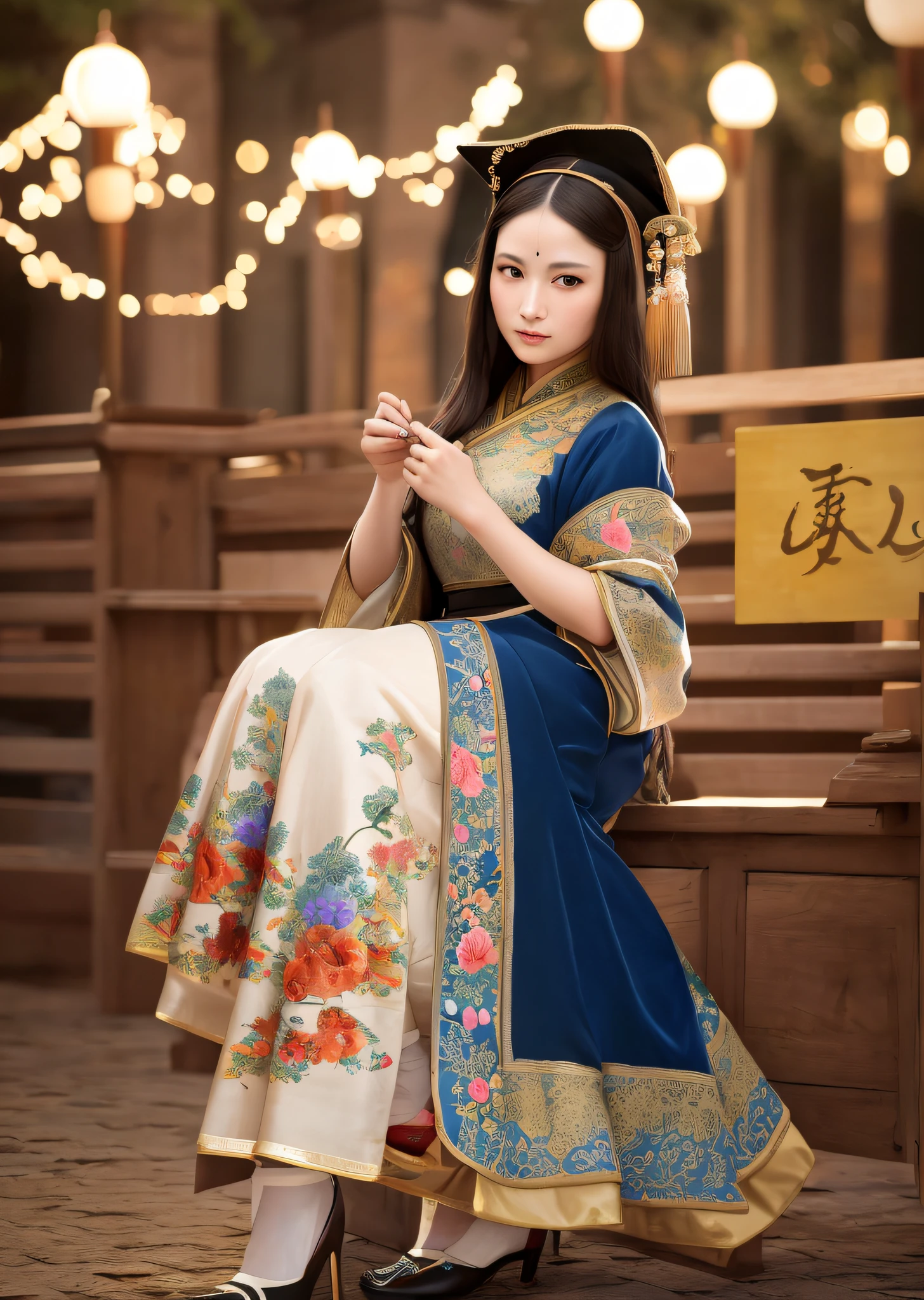 Mona Lisa dressed in Chinese peasant costume, gentle expression, full body portrait, shoes, catwalk, masterpiece, highest quality, high quality, highly detailed CG unit 8k wallpaper, award winning photo, bokeh, depth of field, HDR, flood, chromatic aberration, realistic, very detailed, art station trend, CGsociety trend, complex, high detail, dramatic, midway art, volumetric lighting