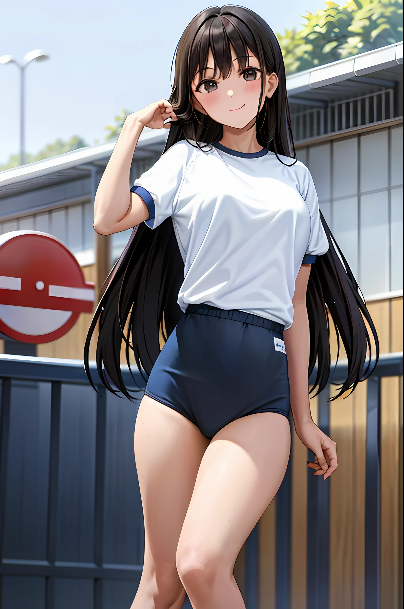 (Masterpiece: 1.2), best quality, illustrations, pretty girls, two schoolgirls, (dark blue bloomers: 1.1) and (white gym clothes: 1.2), smile, black eyes, medium breasts, (black hair: 1.0), (long hair: 1.2), course track, (sky: 1.0), lesbian,