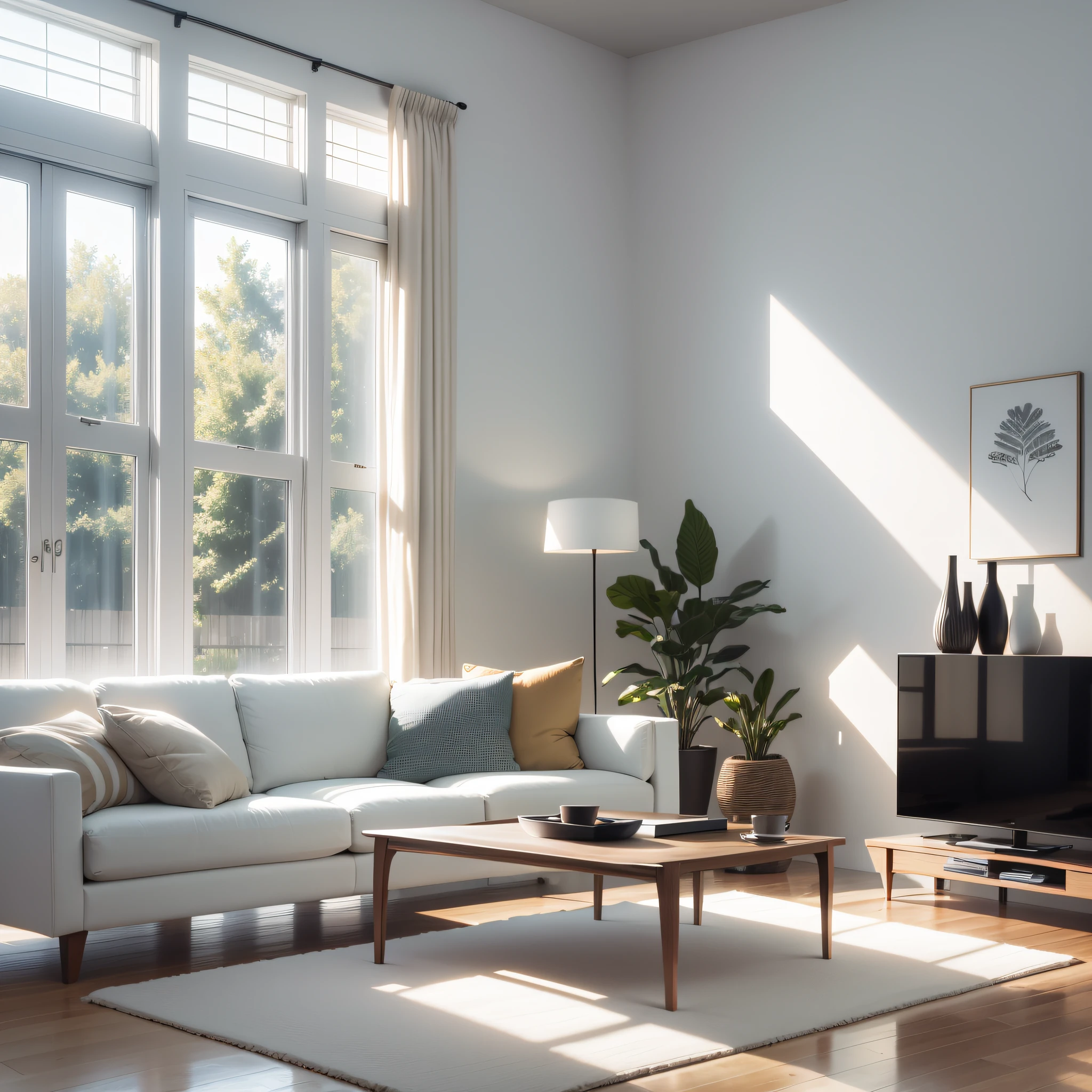 modern living room with white furniture, cushions, several mockup frames, soft late afternoon light coming through window, god rays, UHD, retina, super detail, high quality, highres, 16k --auto --s2