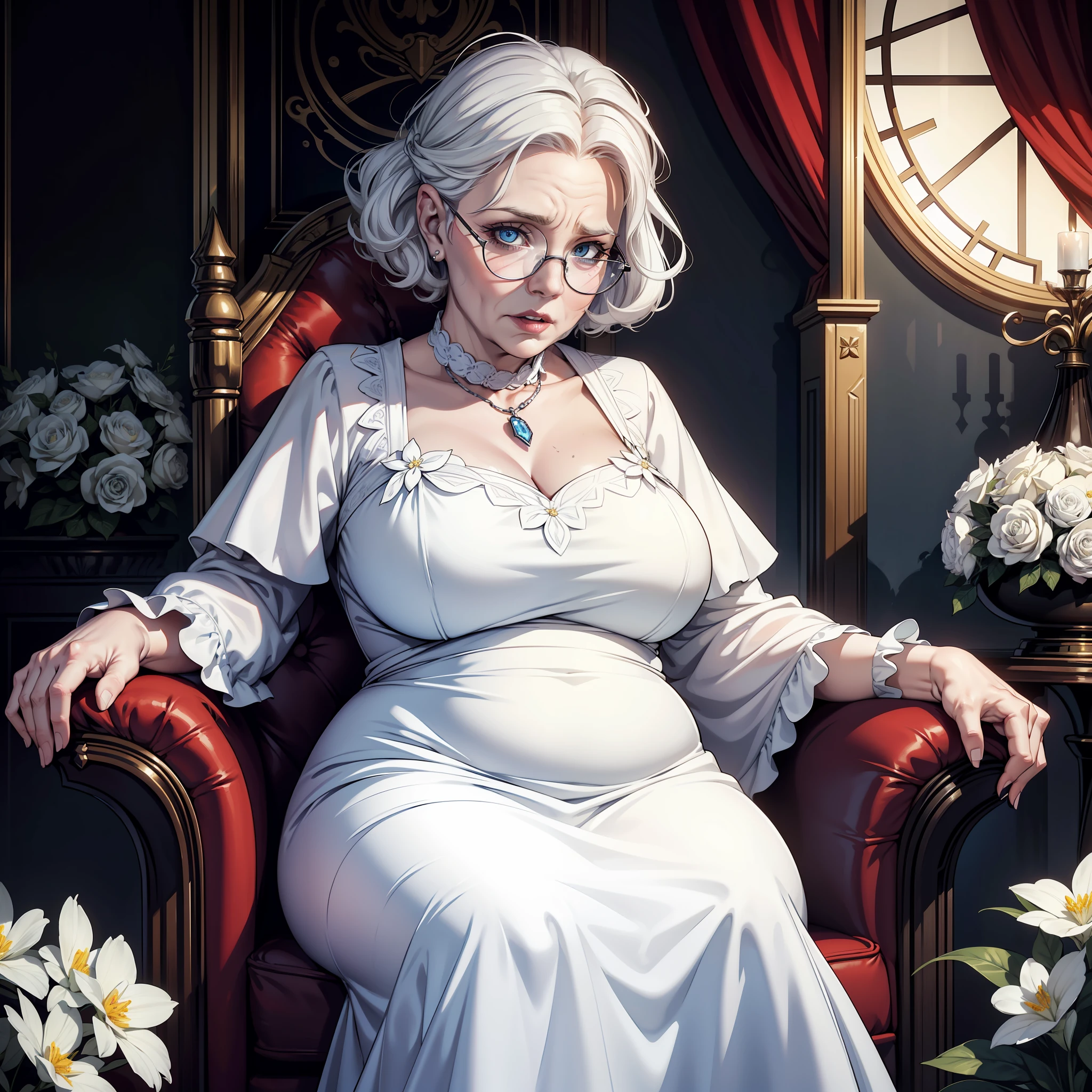 (extremely detailed 8k wallpaper), dark theme, Vampire the Masquerade, modern horror, 2020s, elderly woman, 90 years old, ((very obese)), (((flowery white demure dress)))), glasses, sharp focus, (subsuperficial scattering:1.1), award-winning photograph, centered face, Elizabeth II's face, ((small breasts)), expression wrinkles, half-body photo:1.1, short curly white hair, blue eyes:1.2, confused expression, luxurious asylum room interior, dramatic lighting