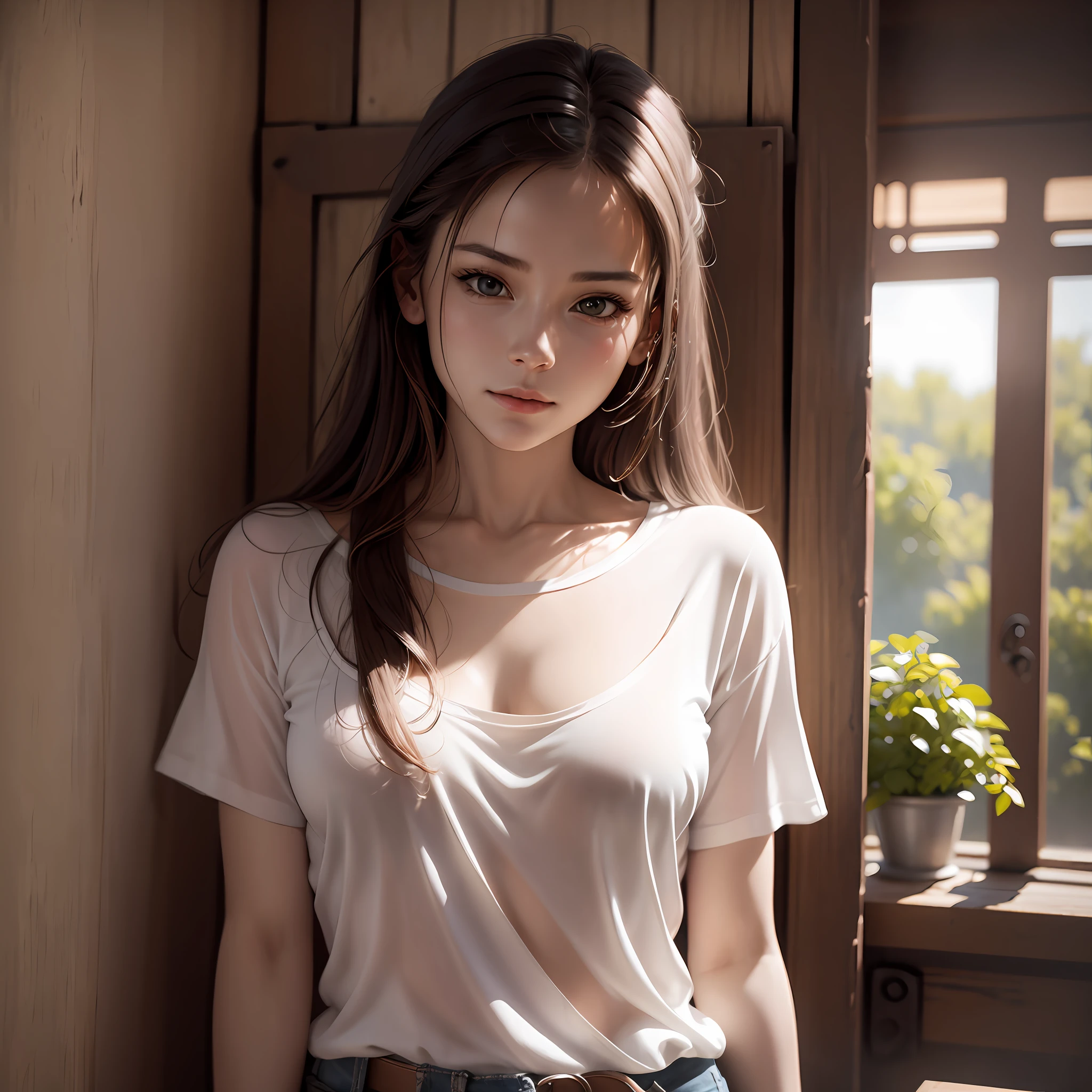 western woman, cinematic, HD, realistic, transparent white t-shirt, no bra, shadow and light details --auto --s2