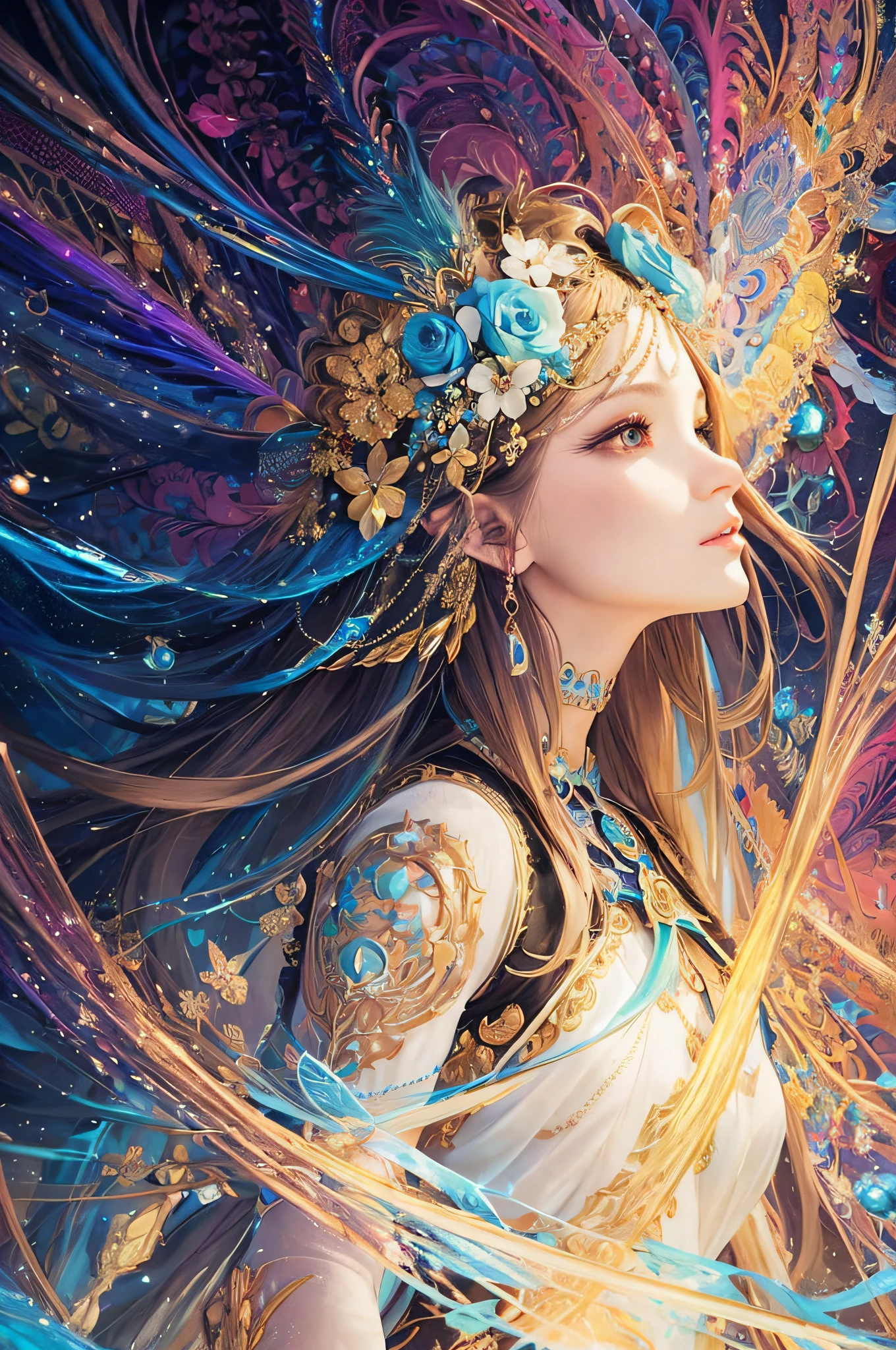 a woman with long hair and a headdress in a blue dress, 4k highly detailed digital art, 8k high quality detailed art, a beautiful fantasy empress, detailed digital anime art, detailed fantasy digital art, beautiful digital artwork, beautiful digital art, beautiful art uhd 4 k, 4k detailed digital art, epic fantasy art style hd