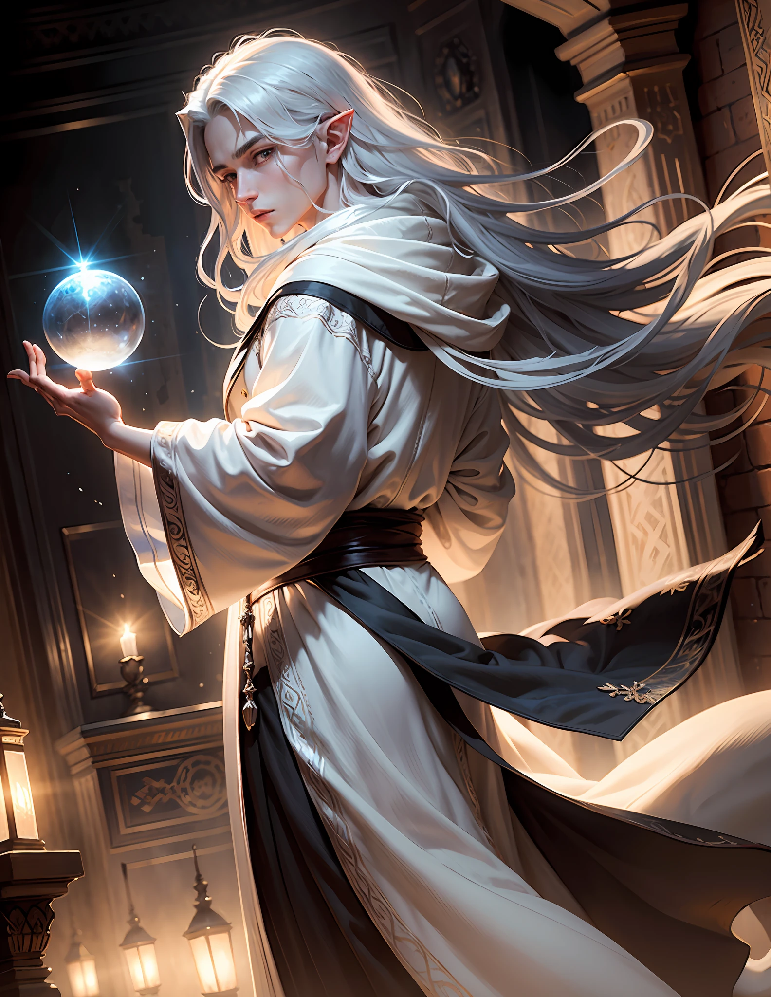 Masterpiece, Excellent, Single, 1 person, male, youth, teenager, wizard, slimming, elf, silver hair, long hair, gray pupils, floating ball of light, white robe, robe, relax, desert detailed background