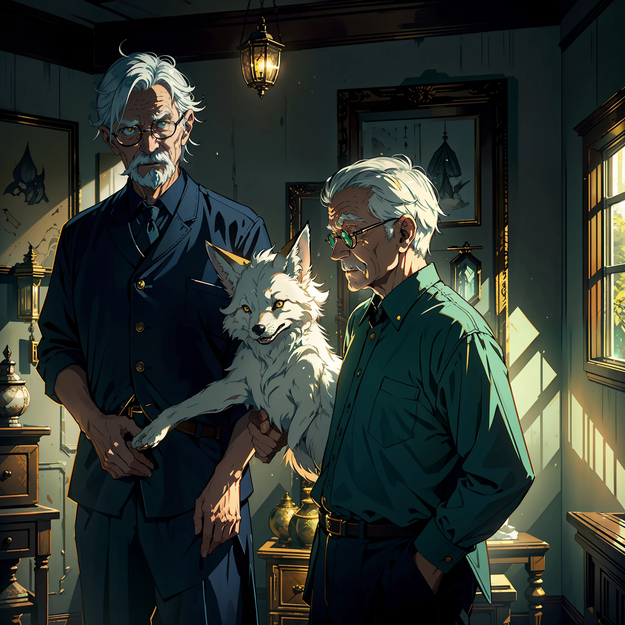 Background: An old room with dim lighting revealing a mysterious atmosphere.
Characters: An elderly grandfather and a white fox.
Grandpa's actions: Guide the protagonist towards the fox and signal to the protagonist with a smile.
Fox Action: Stand there and gaze at the protagonist with emerald fox eyes.
Environmental details: The room is filled with mysterious charms and magical items.