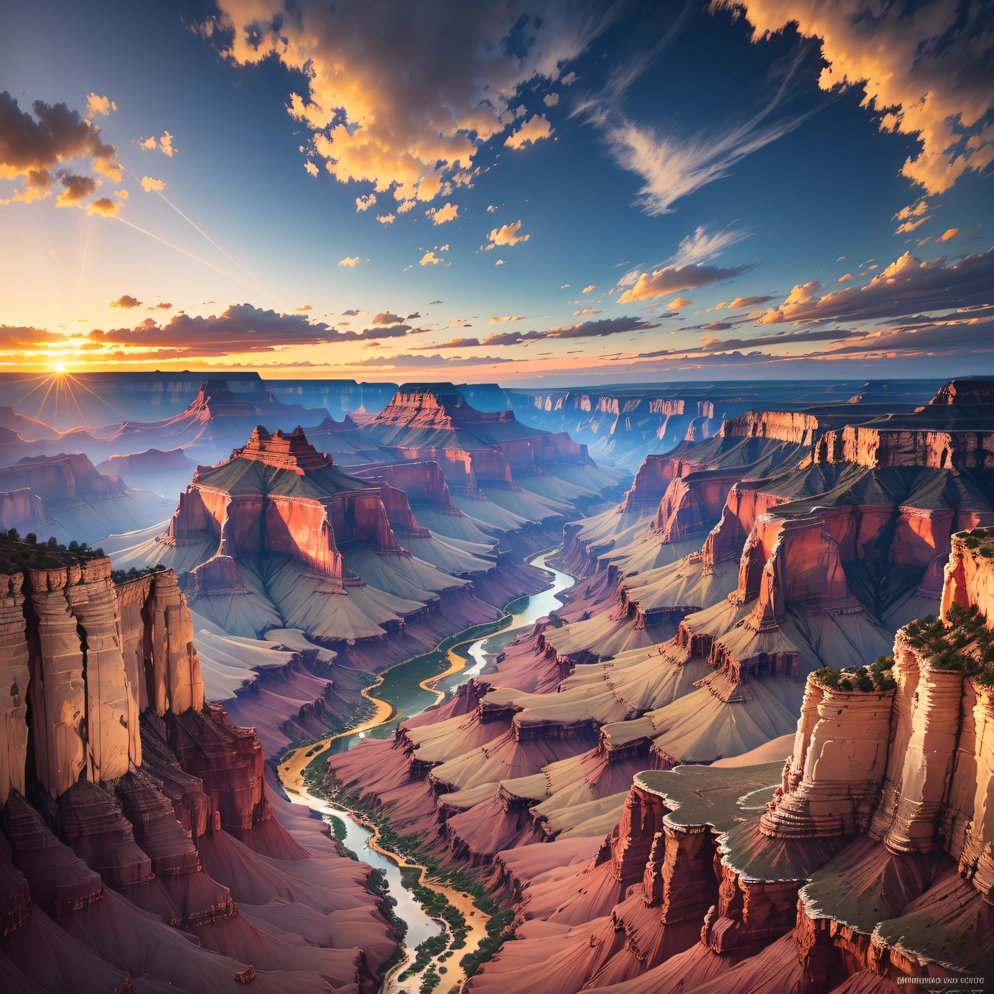 A stunning backdrop of the Grand Canyon at sunrise, with a lone hiker in the foreground, illuminated by the golden rays of the sun, deep gorges and towering cliffs all around, depicting the grandeur of nature, Photography, DSLR camera with a wide-angle lens, --air 16:9 --v 5 --auto --s2