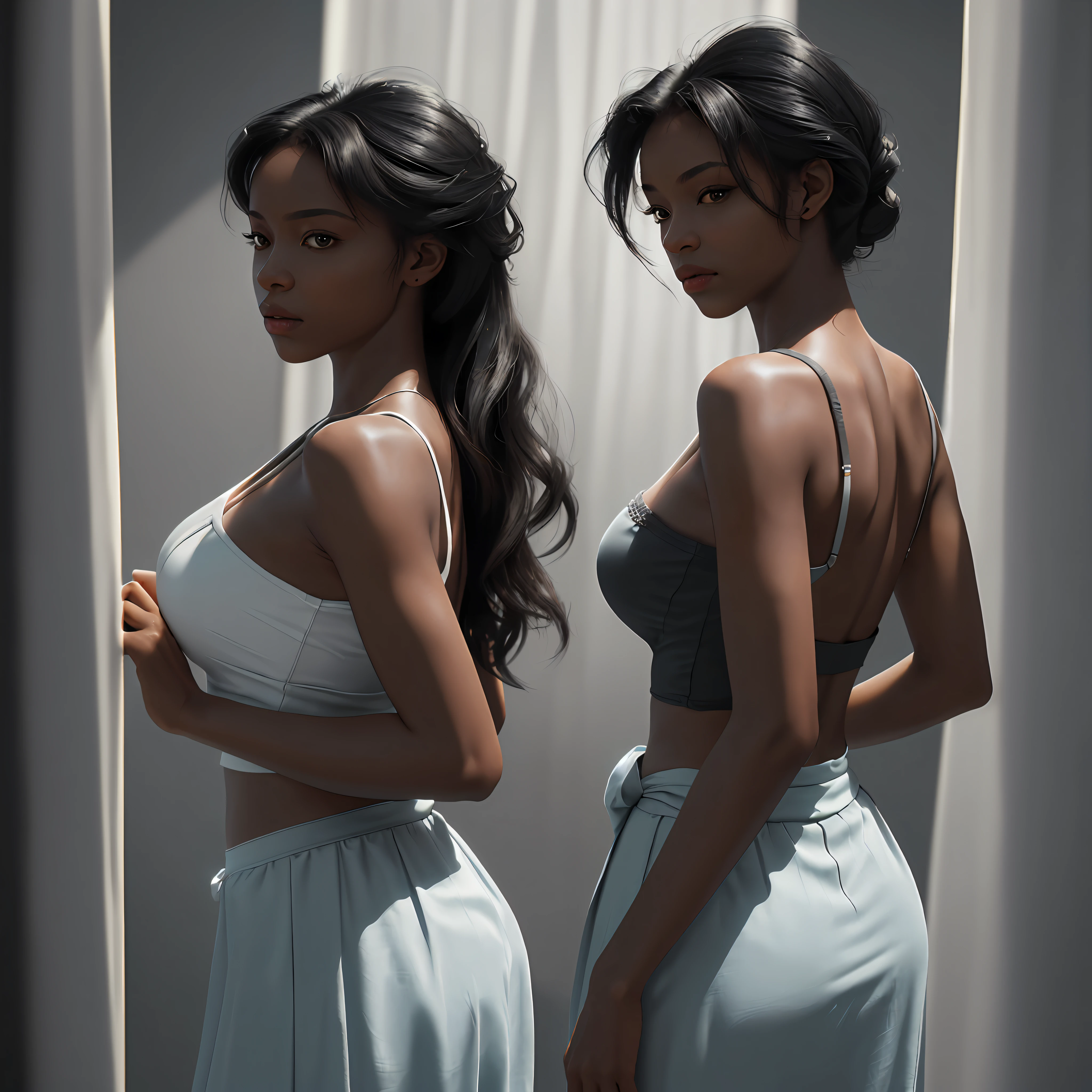 ((Realistic lighting, Best quality, 8K, Masterpiece: 1.3)), Focus, 1girl, breasts, black woman, curtain, arms tied, seen up close, Perfect body beauty, ((Side view)), hands back, hair pinned, black hair, (1solo), bedroom, black decoration, (((bare back))), skirt,