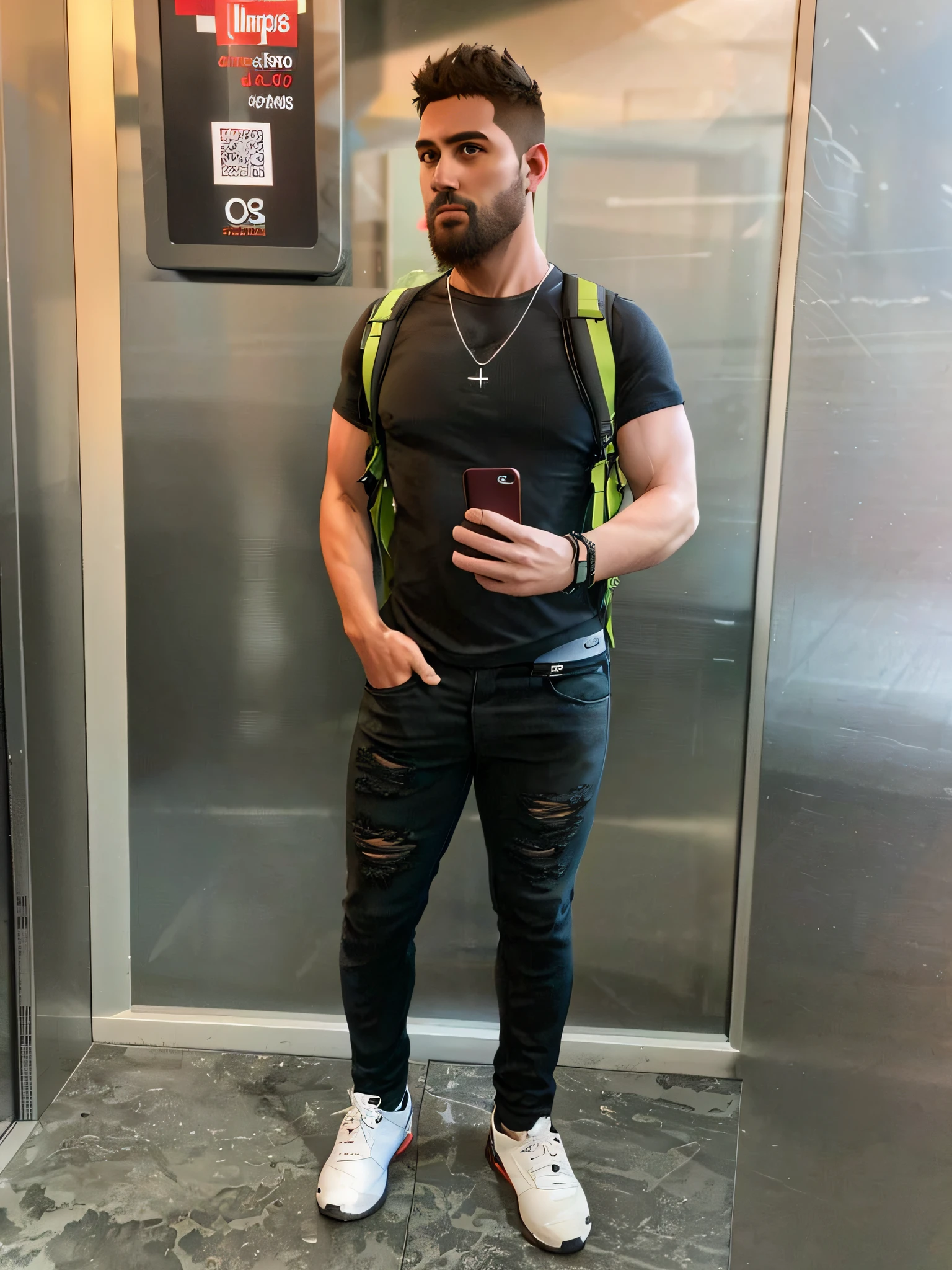 arafed man standing in an elevator with a backpack and cell phone, full body picture, dressed casually, trending on r/techwearclothing, casually dressed, outfit photo, in full growth, full body pictures, he is wearing a black t-shirt, wearing a dark shirt and jeans, wearing a black tshirt, full body photogenic shot, full body profile camera shot --auto --s2