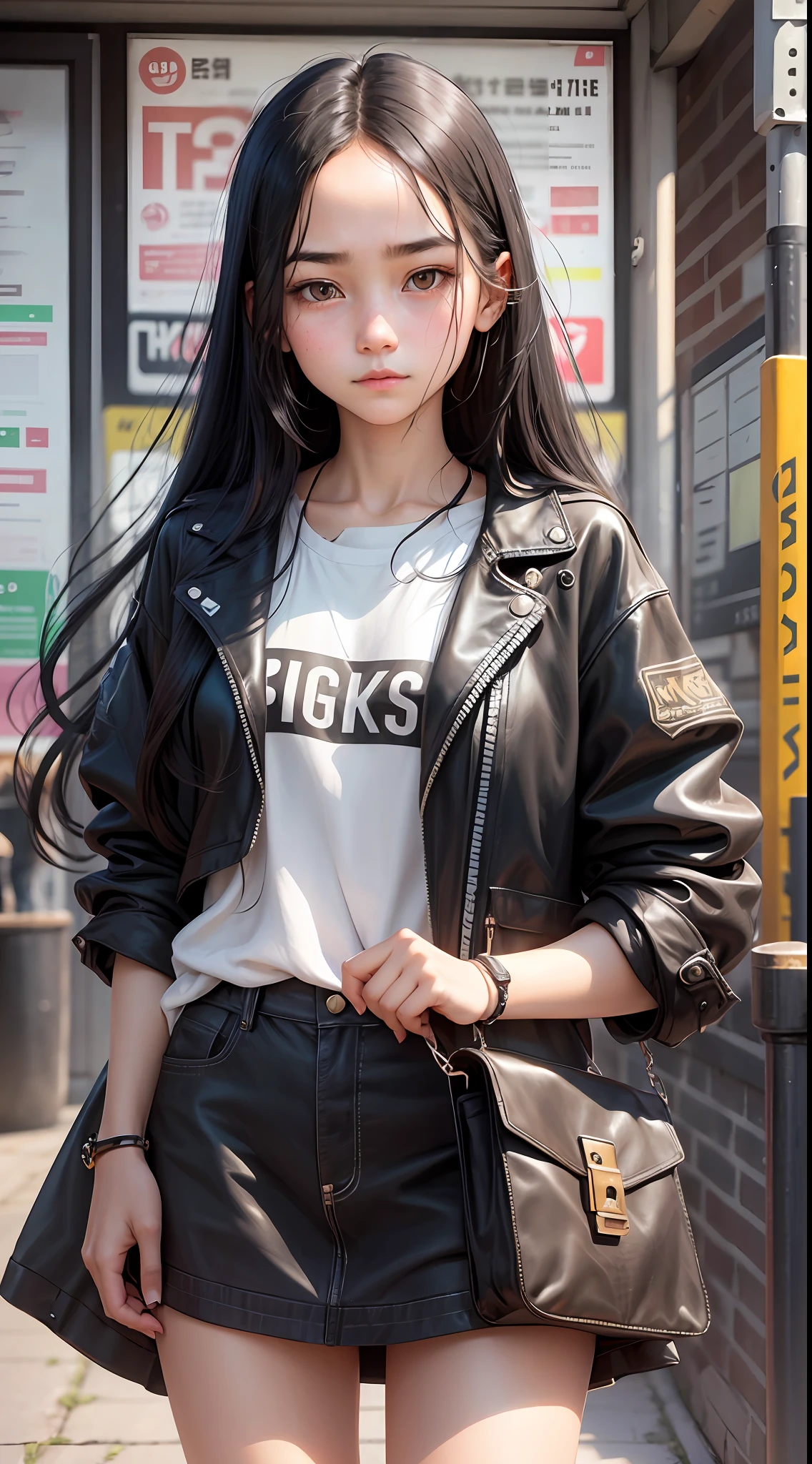 A -yeld gi long black hair and almond-shaped eyes (wearing trendy clothes), a faint smile.