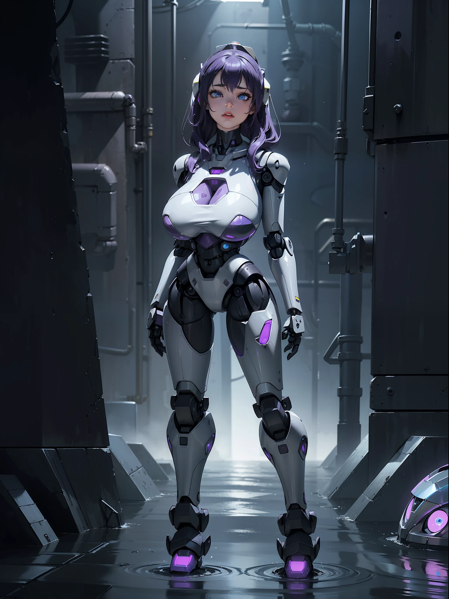 (full body photo+standing+looking at the viewer:2), (woman+Robo:1.8), (extremely large robotic breasts:2), (she is wearing black robotic suit with silver gears:1.5), (she is inside a sewer with knee-high water:1.5), (she has purple hair:1.5), (blue eyes:1.5), (body+clothing+wet:1.5), (walking+sensual pose:1.5),  heavy breathing, (ahegao:1.8), anime, Eye-Level Shot, 16k, UHD, best quality, high details, masterpiece, anatomically correct