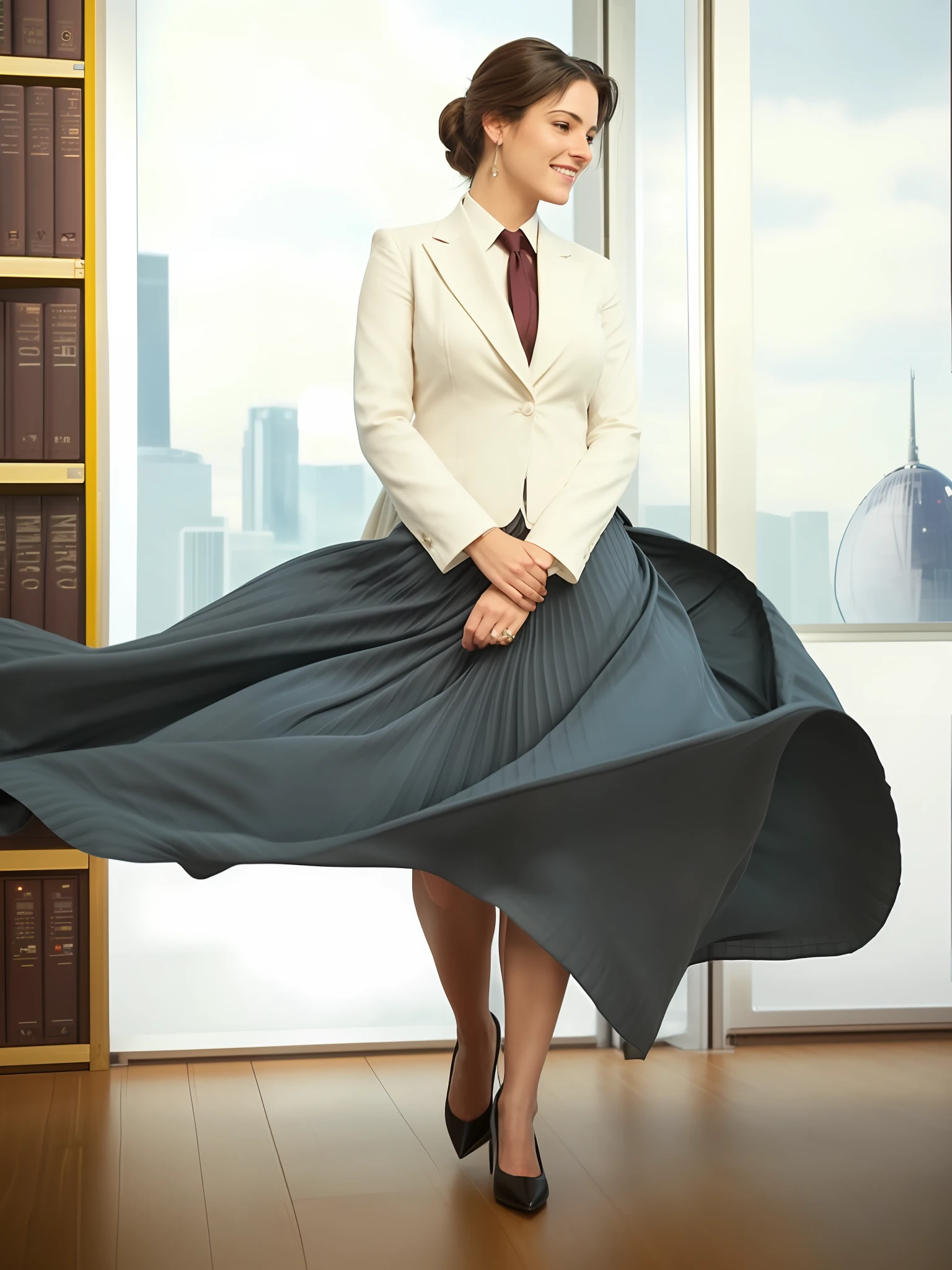a therapist is dancing in her skirt (in a flirting manner:1.3) while in a space station, (shy) authentic (kind and tender) lesbian woman wearing a short blazer with a very very detailed (long (fully pleated) full circle skirt) and (simple) low heeled office shoes, very very intricate hyper-detailed symmetric (attractive graceful young feminine face) with (sad, tired) eyes and a (flirty smile), full of empathy and compassion and love, (pronounced feminine features:1,3), extremely freckled skin and very long dark hair, big boobs, large breasts, shirtless, topless, (highly detailed ultra accurate realistic) hands and fingers, ((windy conditions and wind blowing)), epic composition, highly detailed attributes, highly detailed atmosphere, detailed background, intricate, Exquisite details and textures, highly detailed, deep space station secret operations active background,