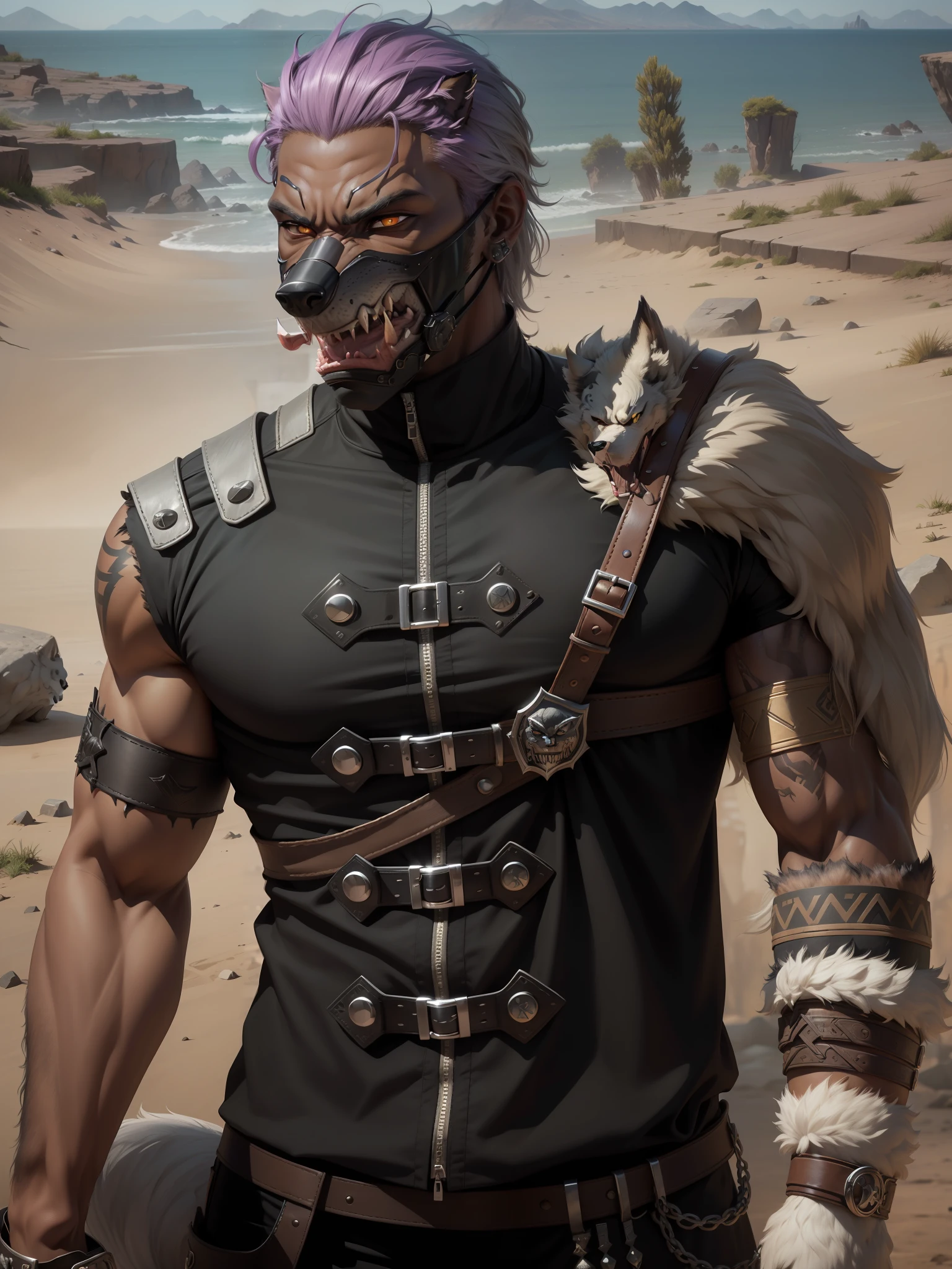 realistic, Ultra HD, artwork, details on armband, (black skin man), wolf ear, (mask with werewolf mouth) --auto --s2