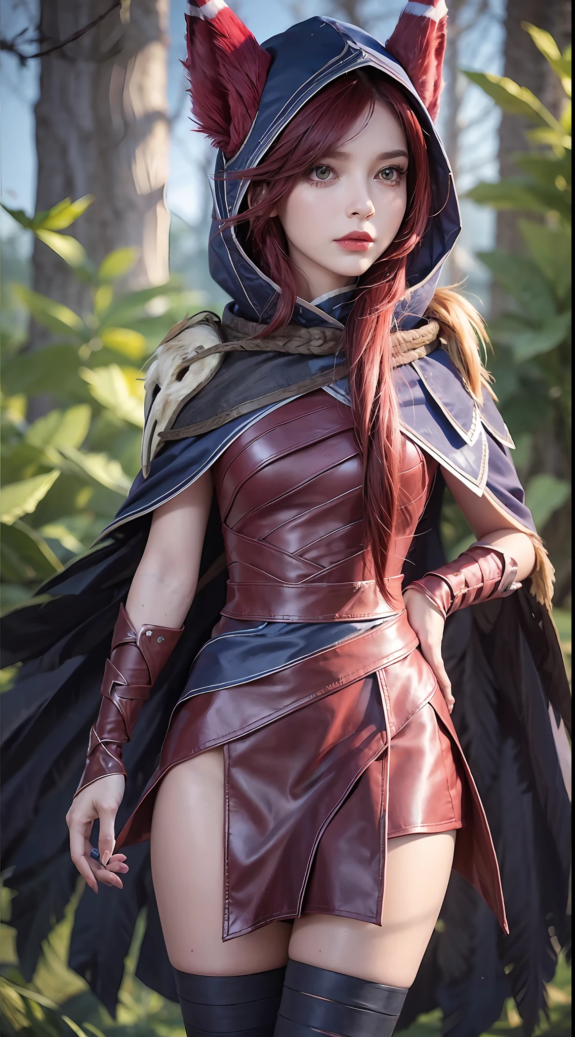 grass, sky, field, xayah, league of legends, 1girl, animal ears, bandaged leg, thighhighs, bandages, belt, bird legs, bird skull, cloak, closed mouth, ears through headwear, eyes visible through hair, facial mark, feathers, hood, hood up, hooded cloak, long hair, yellow eyes, red hair, talons, vambraces, blue capelet, cape, capelet, hair over shoulder, hooded capelet, red dress, dress, nose ring, nose piercing