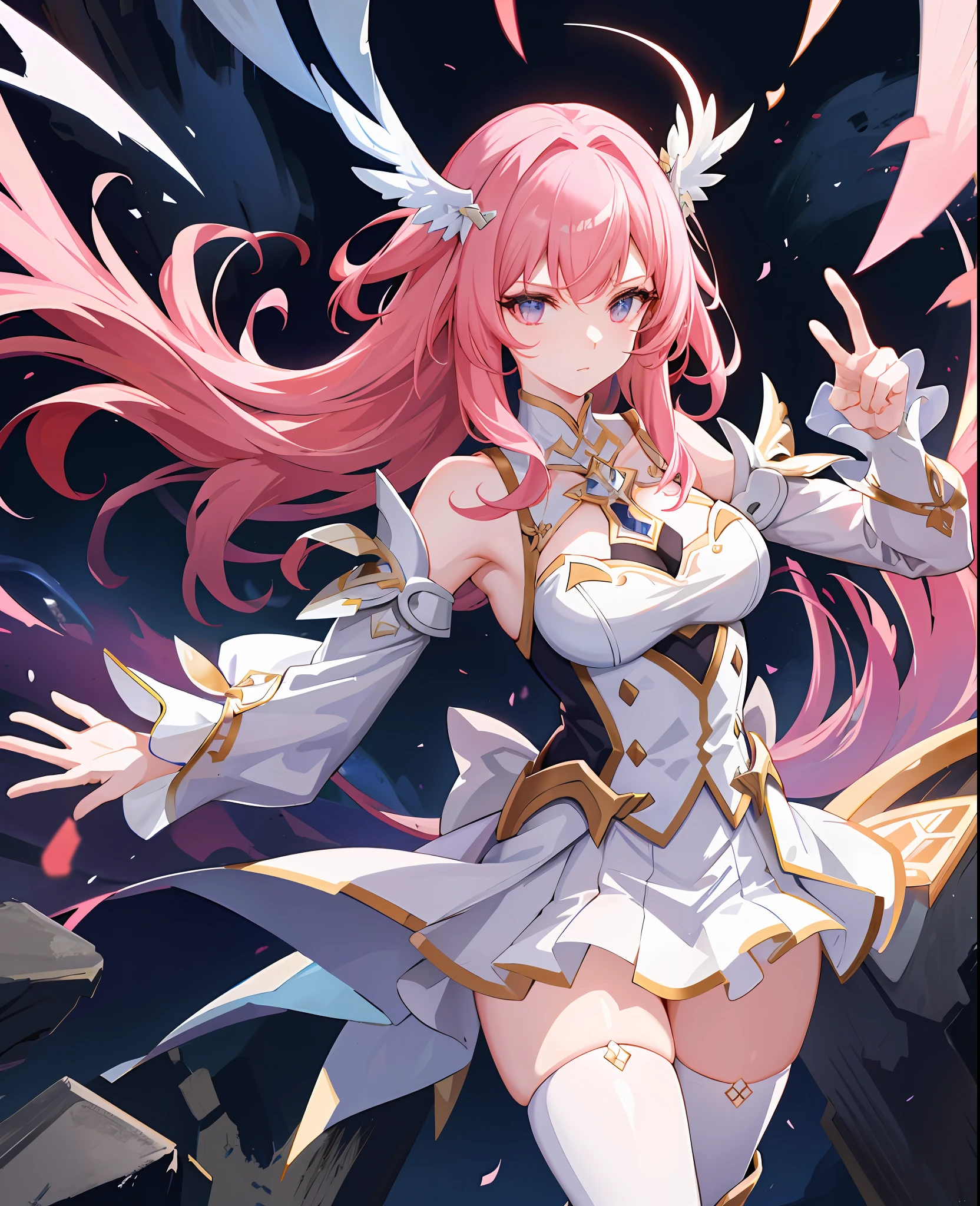 ((anime style)) Elysia, the most powerful valkyrie from Honkai Impact stands atop a crumbling, ancient ruin of elysian realm. Her majestic suit crackles with energy as she summons her powerful sword, ready to face the enemy. Her pink hair blows in the wind as a colorful meteor shower lights up the night sky behind her and explosions,she have a small waist and thick thighs and a gorgeous looking and a sculptural body,and heavy round boobs,prety face
