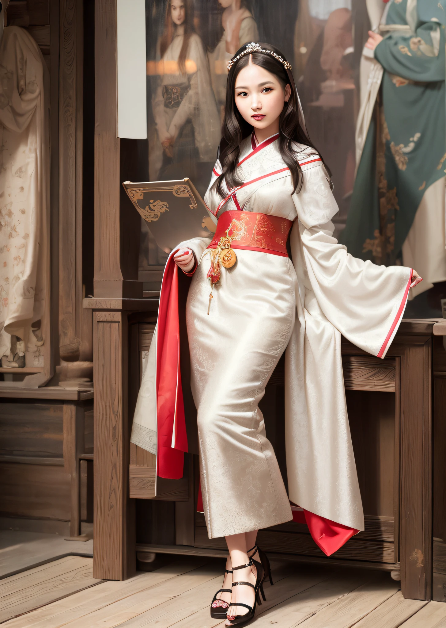 Mona Lisa dressed in Chinese peasant costume, gentle expression, full body portrait, shoes, catwalk, masterpiece, highest quality, high quality, highly detailed CG unit 8k wallpaper, award winning photo, bokeh, depth of field, HDR, flood, chromatic aberration, realistic, very detailed, art station trend, CGsociety trend, complex, high detail, dramatic, midway art, volumetric lighting