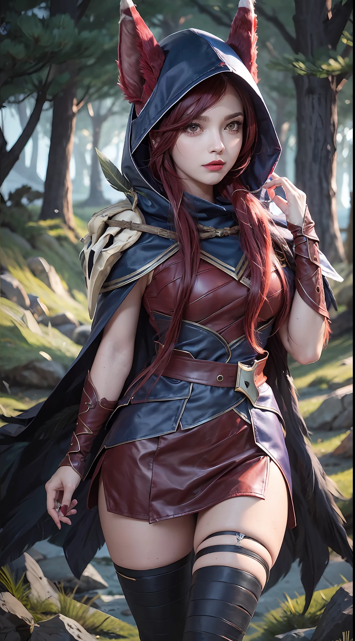 grass, sky, field, xayah, league of legends, 1girl, animal ears, bandaged leg, thighhighs, bandages, belt, bird legs, bird skull, cloak, closed mouth, ears through headwear, eyes visible through hair, facial mark, feathers, hood, hood up, hooded cloak, long hair, yellow eyes, red hair, talons, vambraces, blue capelet, cape, capelet, hair over shoulder, hooded capelet, red dress, dress, nose ring, nose piercing
