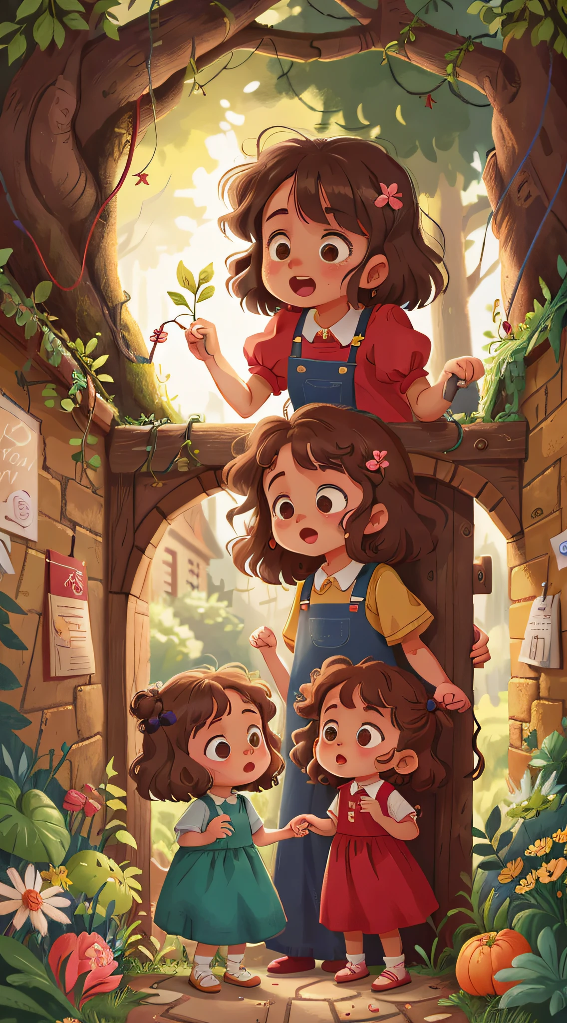 Two twin girls curly brown hair, Livia and Lavinia leaving the old woman for her birthday.