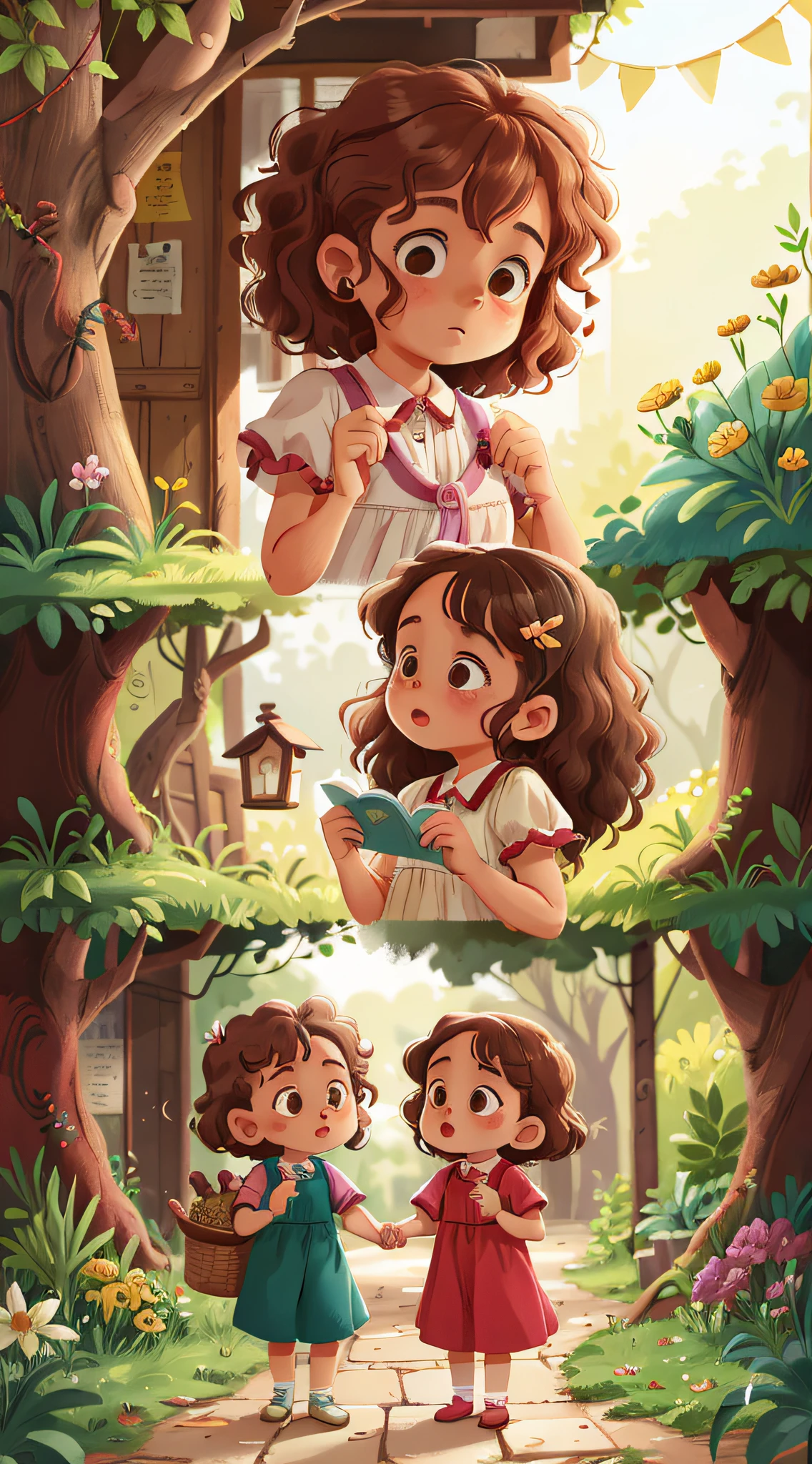 Two twin girls curly brown hair, Livia and Lavinia leaving the old woman for her birthday.
