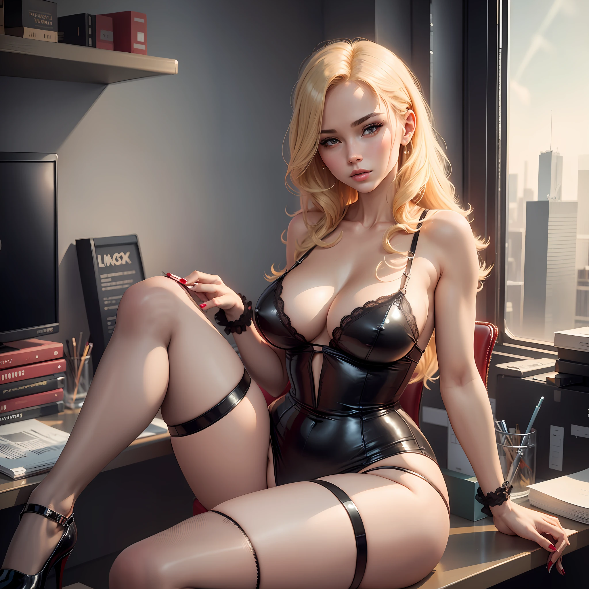 Extremely sexy beautiful blonde woman sitting at an office desk with her legs crossed, wearing in a transparent red lingerie with black garter belt, and wearing a black high heeled shoe, with transparent lingerie pantyhose, her body is perfect, big breasts, big ass, perfect silhouette, anatomically perfect hands and legs,