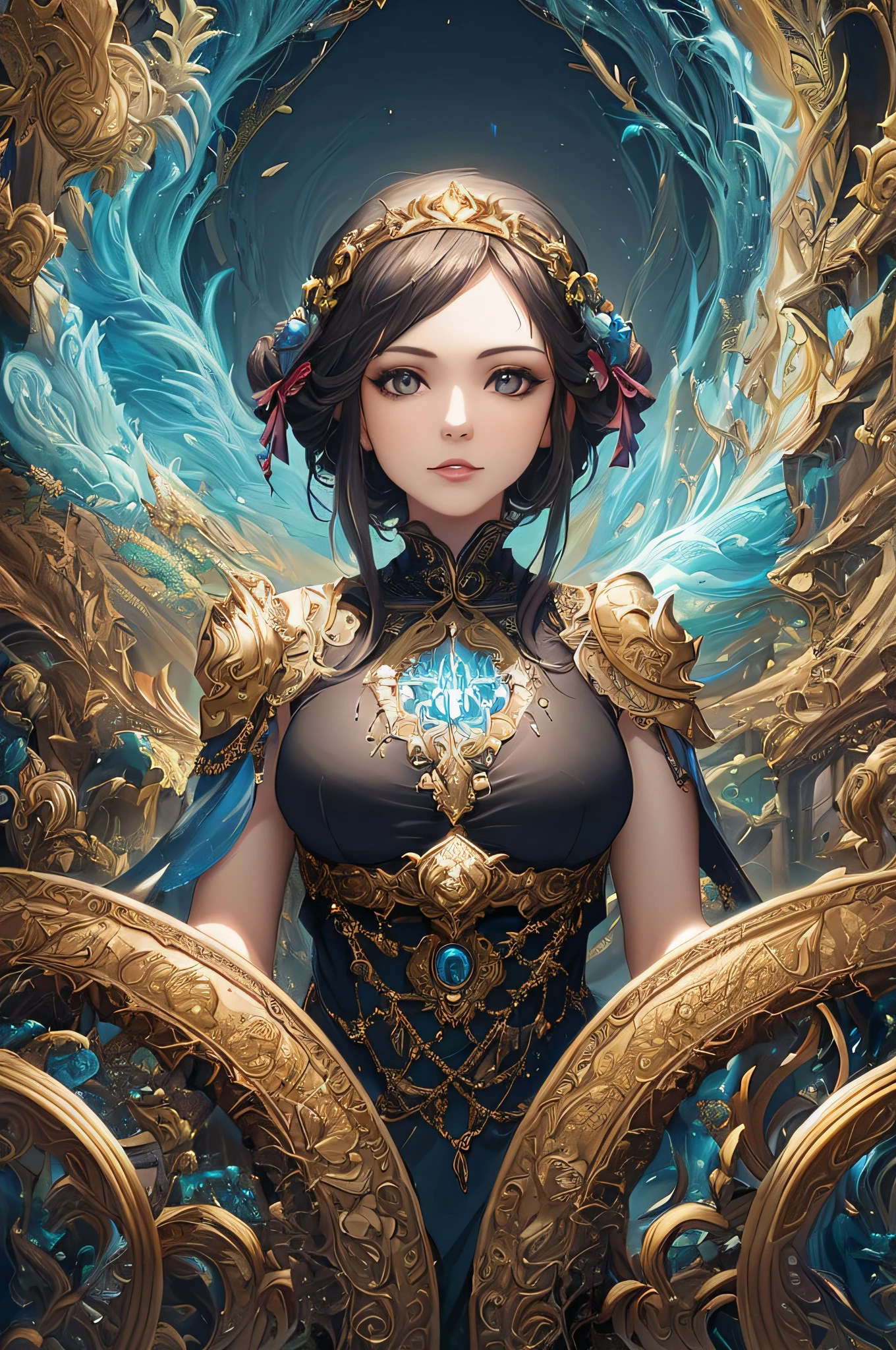a woman in a black dress and gold armor with a blue background, detailed fantasy art, detailed fantasy digital art, anime fantasy artwork, detailed digital anime art, 2. 5 d cgi anime fantasy artwork, epic fantasy art style hd, anime fantasy illustration, a beautiful fantasy empress, fantasy art style, digital fantasy art ), beautiful fantasy art, highly detailed fantasy art