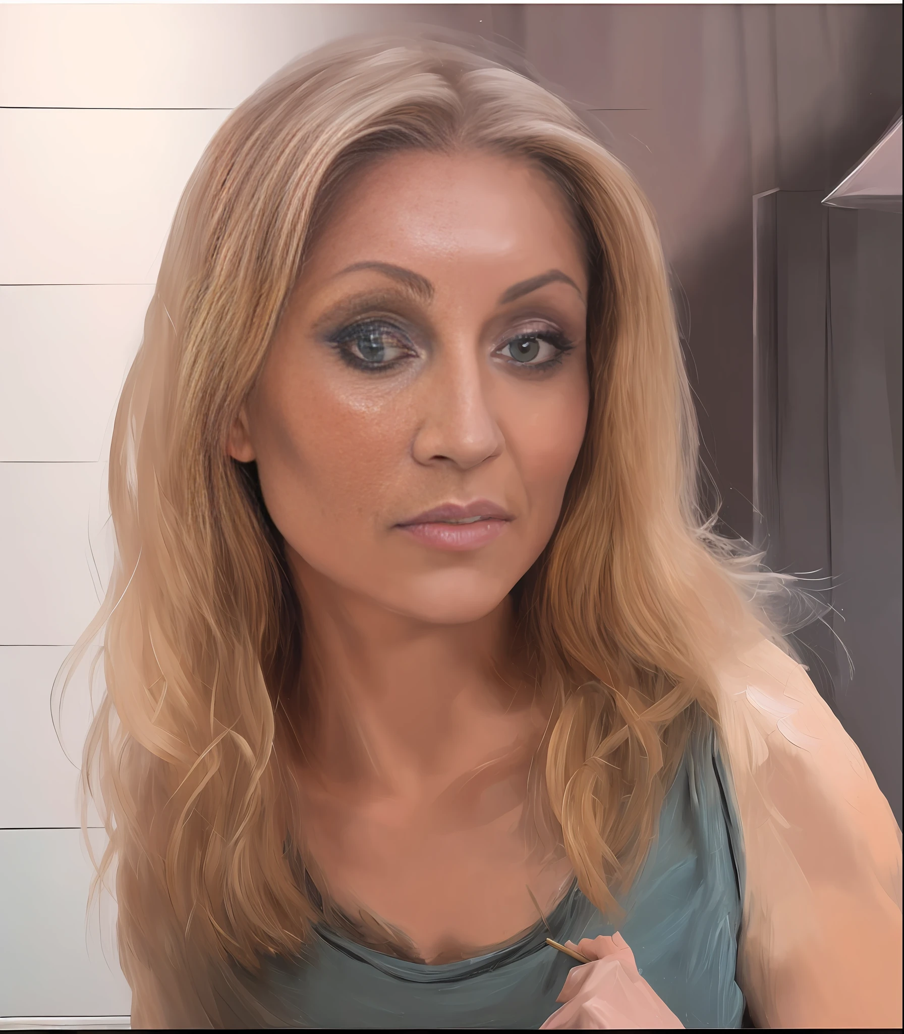 ( oil painting) (Strong brushstrokes) Close-up portrait of a blonde woman posing in a dark studio, (edge lighting,:1.4) Two-tone lighting, teal, low light, low key, highly detailed, sharp, unreal, professional, 4K, maximum detail, treble, high detail, sharp, smooth, aesthetic, extremely detailed focus, 8K, UHD