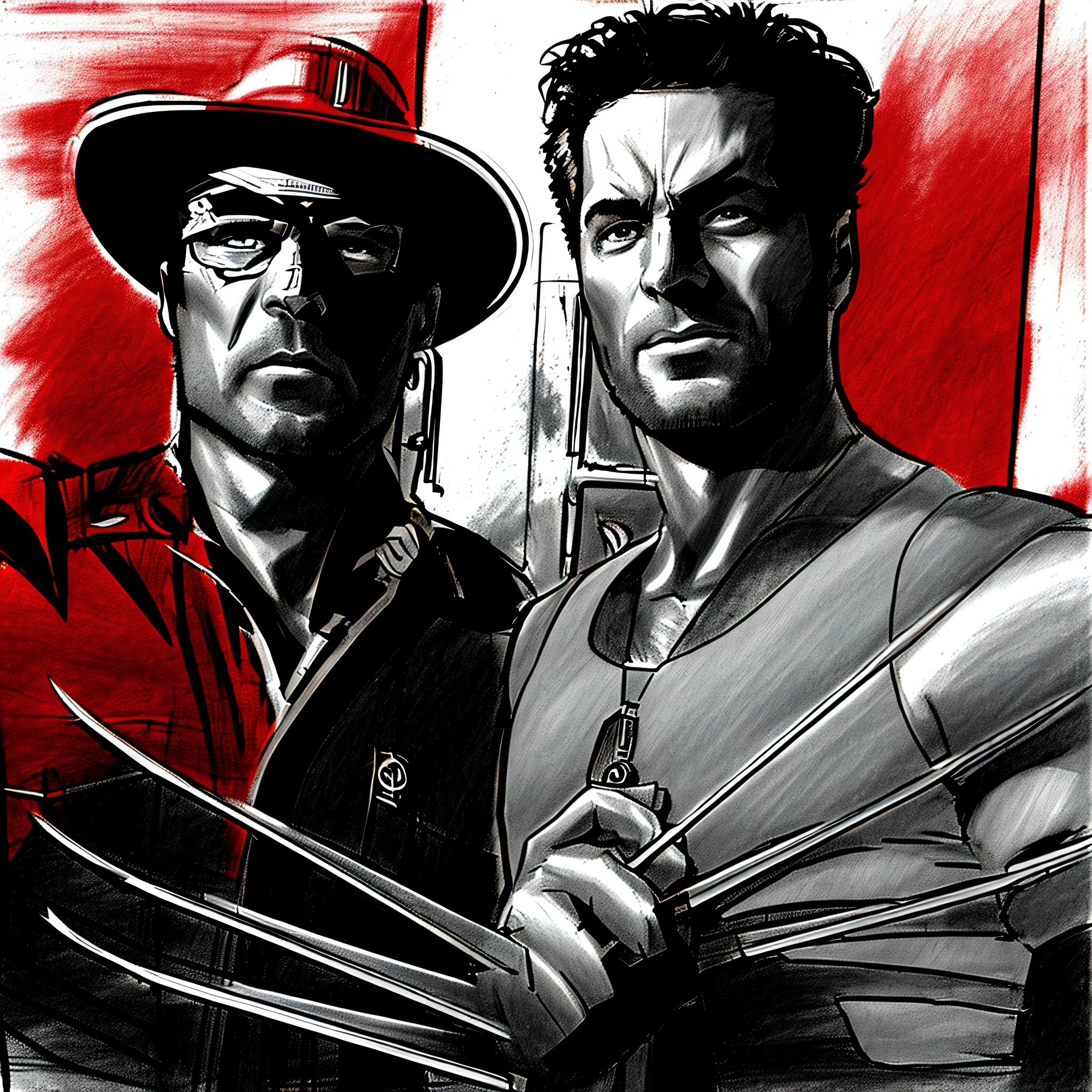 "superhero drawing style" or "superhero comic book drawing style". Drawing style is marked by features such as well-defined muscles, dynamic poses, exaggerated facial expressions, lines of movement to convey the action and a stylized approach in the representation of the characters. Designers often emphasize the distinct physical characteristics of each character, such as uniforms, special powers, and unique facial features. Chris Bachalo's superhero drawing style, colorful, left hand in front of right, each with 3 steel wolverine claws sticking out of the hand from between the fingers