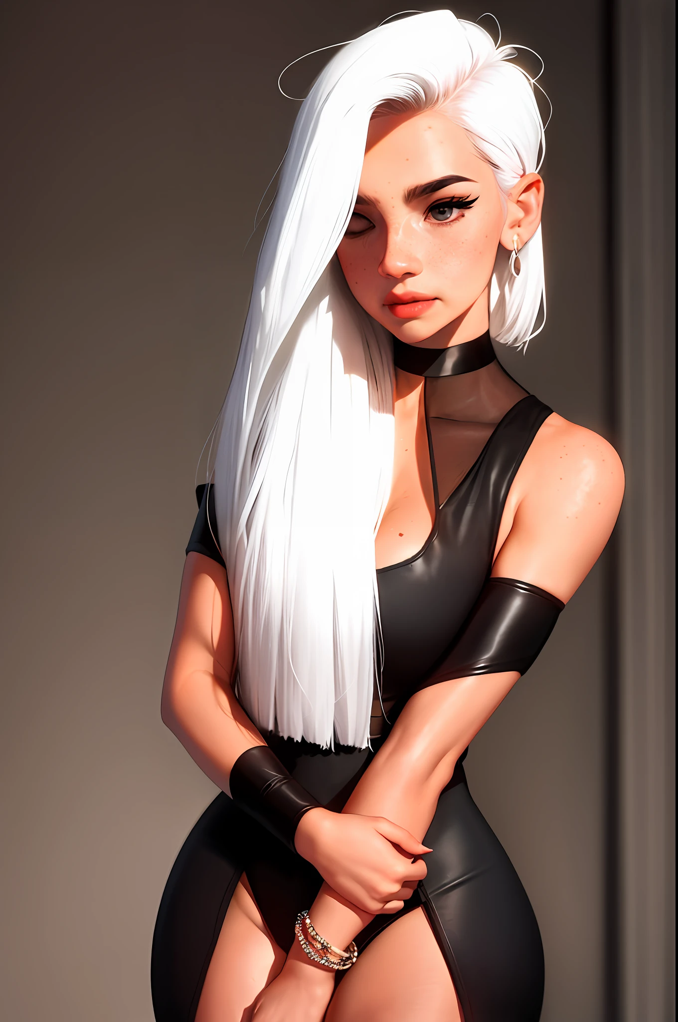 full body, sam yang,
1girl, backlighting, bare shoulders, black choker, blurry, blurry background, blush, breasts, choker, cleavage, closed mouth, collarbone, earrings, forehead, freckles, hair over shoulder, jewelry, long hair, looking down, pointy nose, red lips, shadow, solo, thick eyebrows, thick eyelashes, full body, white hair
, ((masterpiece))
