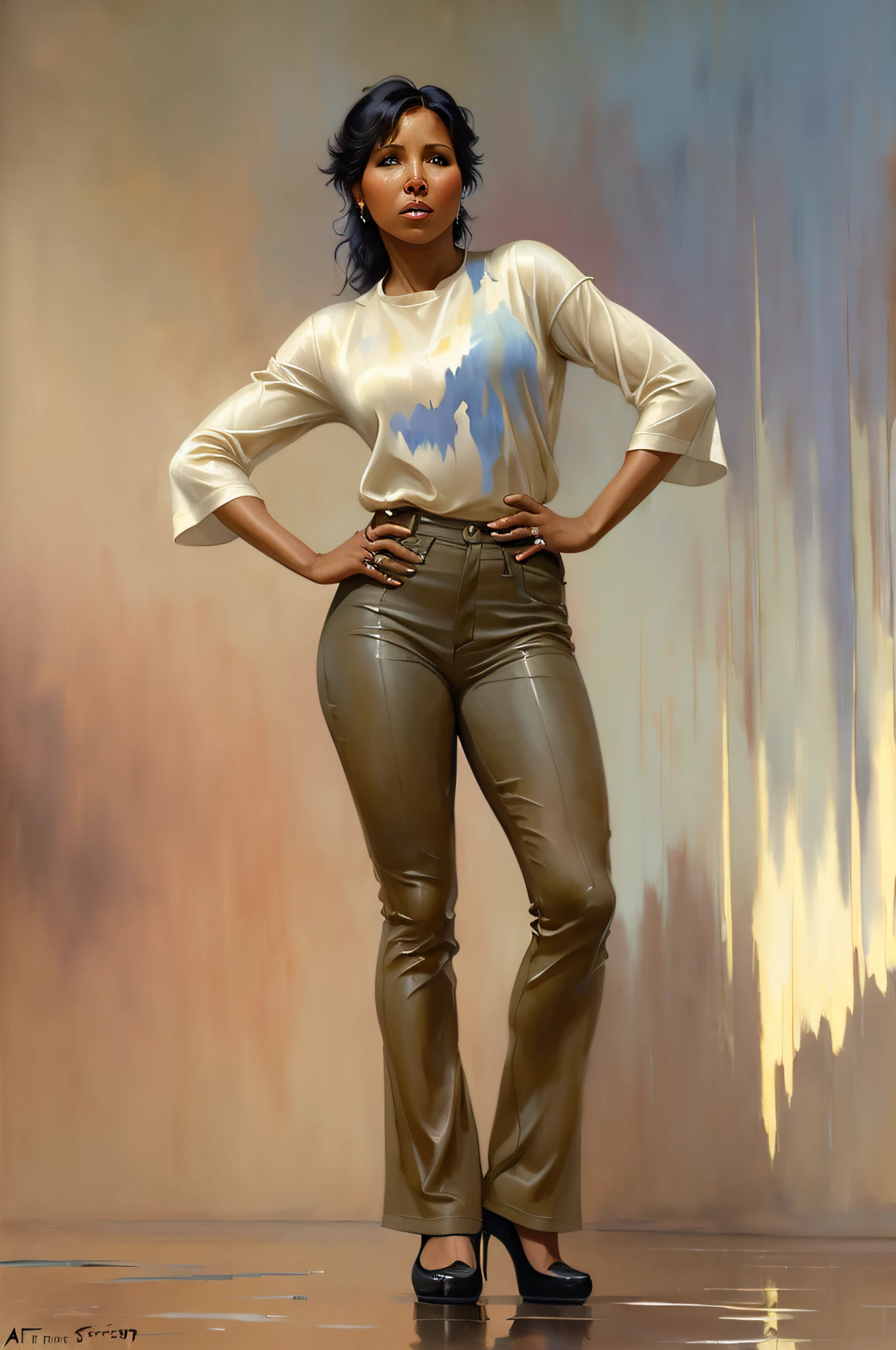 Toni Braxton crying in tears in a standing pose, artist studio, by artgerm and Edouard Bisson, highly detailed, art by Stanley Artgerm, Charlie Bowater, Atey Ghailan and Mike Mignola, by greg rutkowski, oil painting, heavy strokes, paint dripping, kids story book style, muted colors, watercolor style