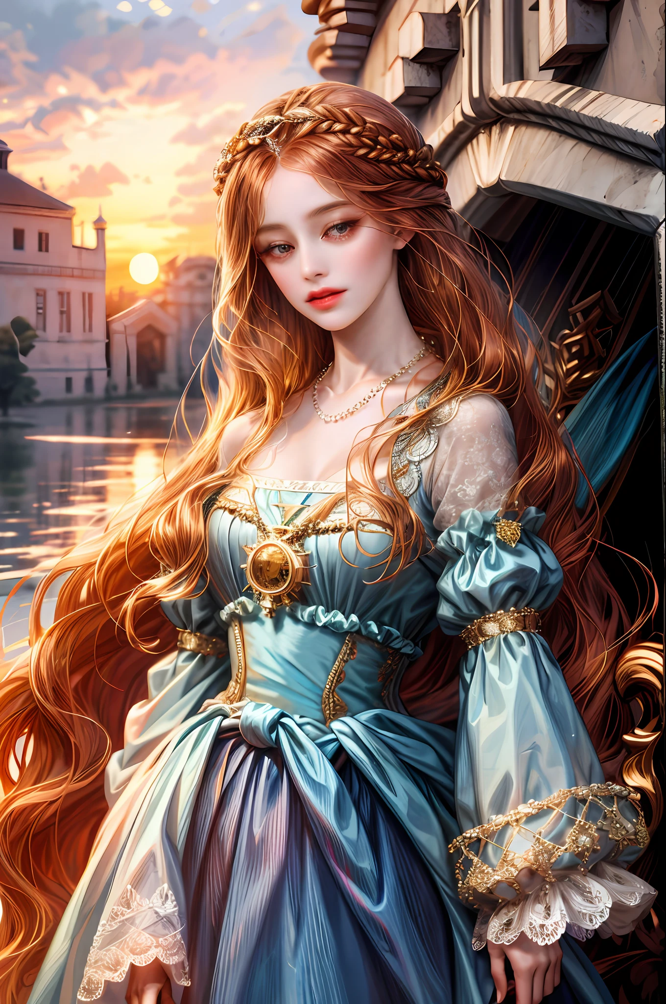 (absurdres, highres, ultra detailed), 1girl, solo, mature, (very long hair, sunset hair), Baroque, Necklace, long dress, long sleeve, charming , colorful, highest detailed, upper body, outdoors