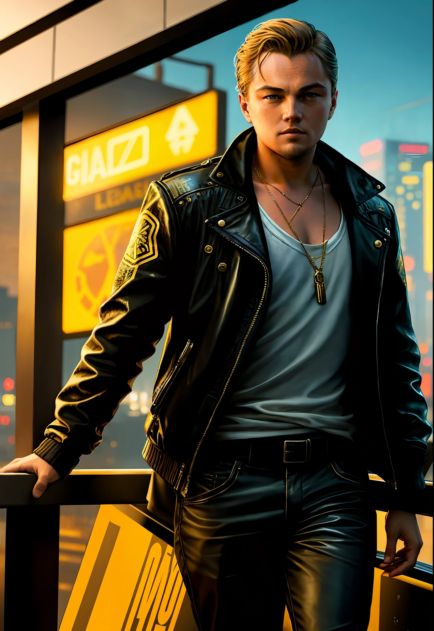 a painting of a (Leonardo DiCaprio), background, style of cyberpunk 2077, band of gold round his breasts