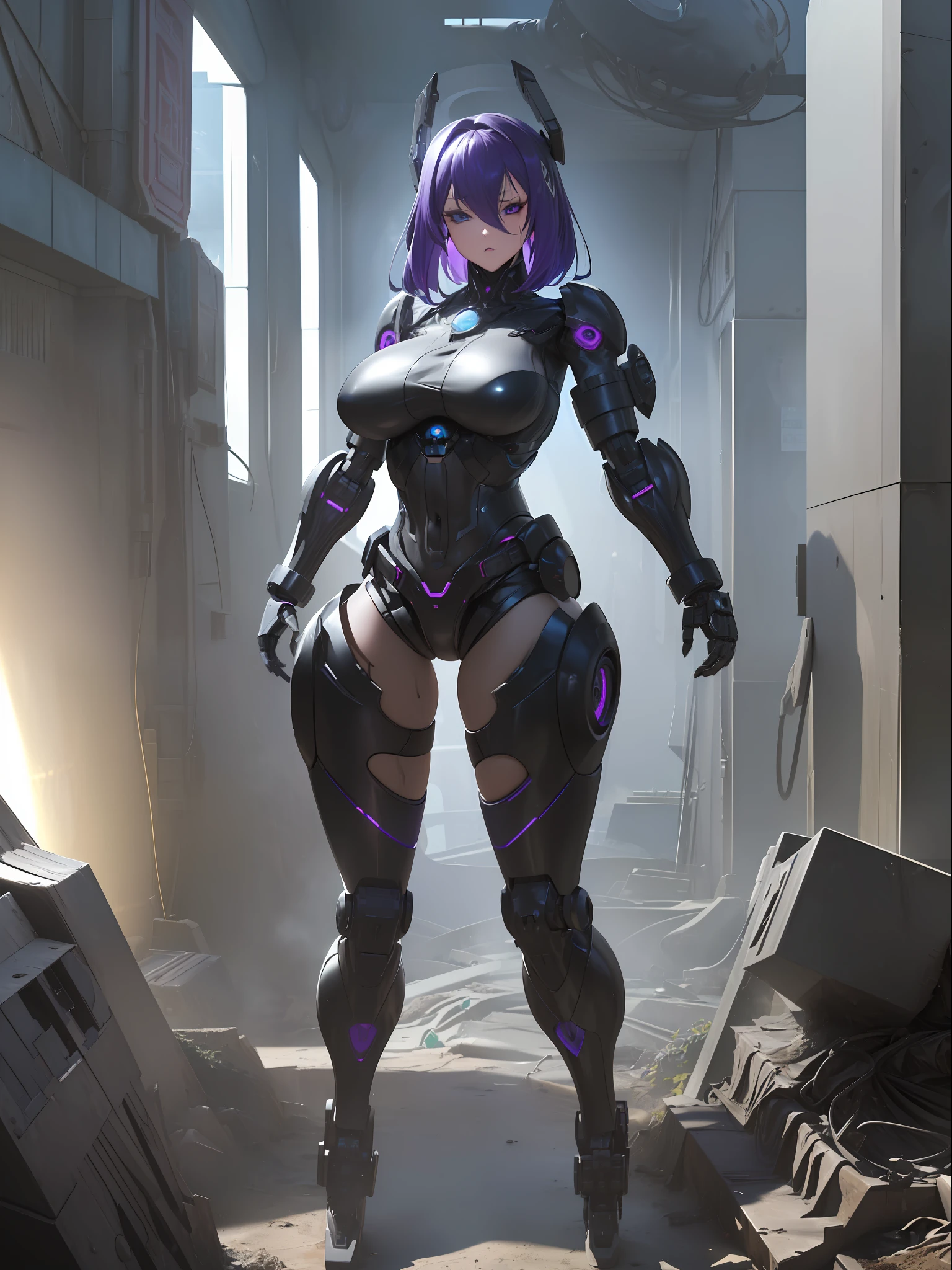 (full body photo+standing+looking at the viewer:2), (woman+Robo:1.8), (extremely large robotic :2), (she is wearing black robotic suit with large mechanical gears:1.5), (she is inside an old sewer all destroyed:1.5), (she has purple hair:1.5), (blue eyes:1.5), (body+clothing+wet:1.8), (doing sensual pose+erotic pose+exhibitionist pose:1.5), (heavy breathing:1.5), (making face of having, anime, Eye-Level Shot, 16k, UHD, best quality, high details, masterpiece, anatomically correct