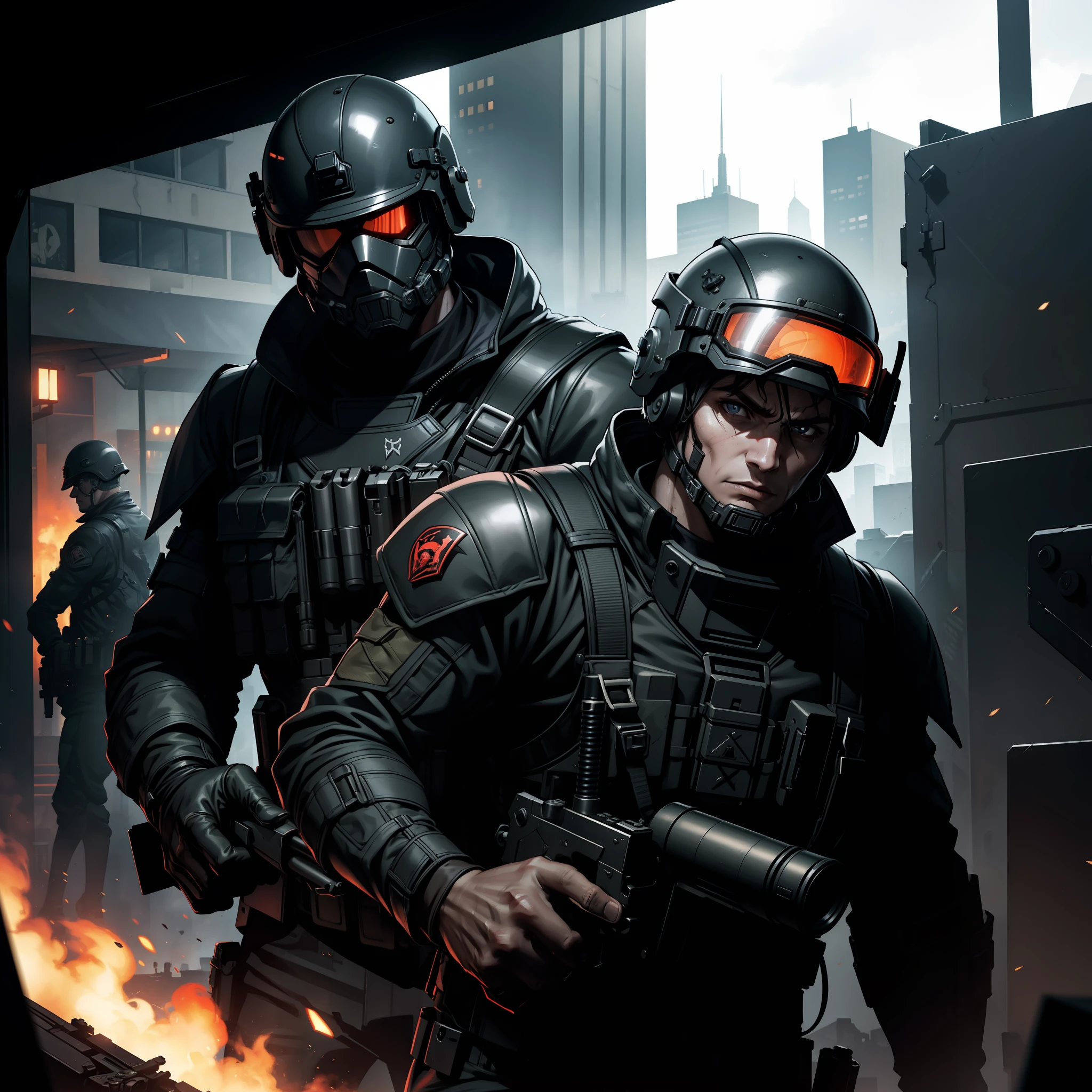 (extremely detailed 8k wallpaper), dark theme, Vampire the Masquerade, modern horror, 2020s, man, BOPE special forces soldier, BOPE black tactical combat suit, heavy weaponry, sharp focus, (subsurface scattering:1.1), award-winning photography, centered face, BOPE helmet, half-body photo:1.1, in the middle of an urban war, dramatic lighting