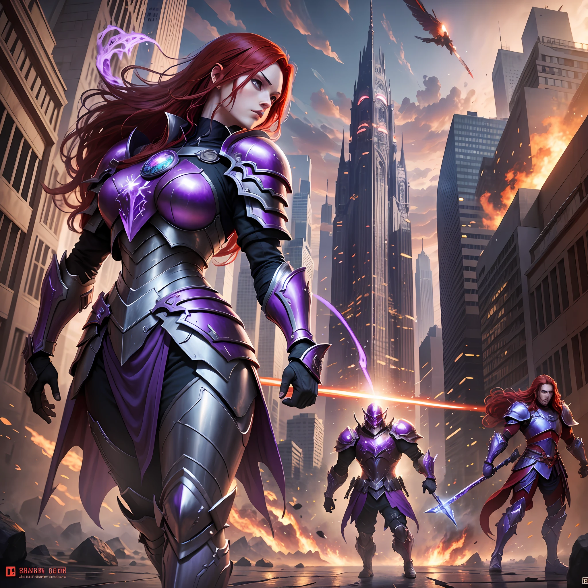 red hair, purple armor, light bearer warriors, city, dark, battle, epic, war, surrealism, 8k, super detail