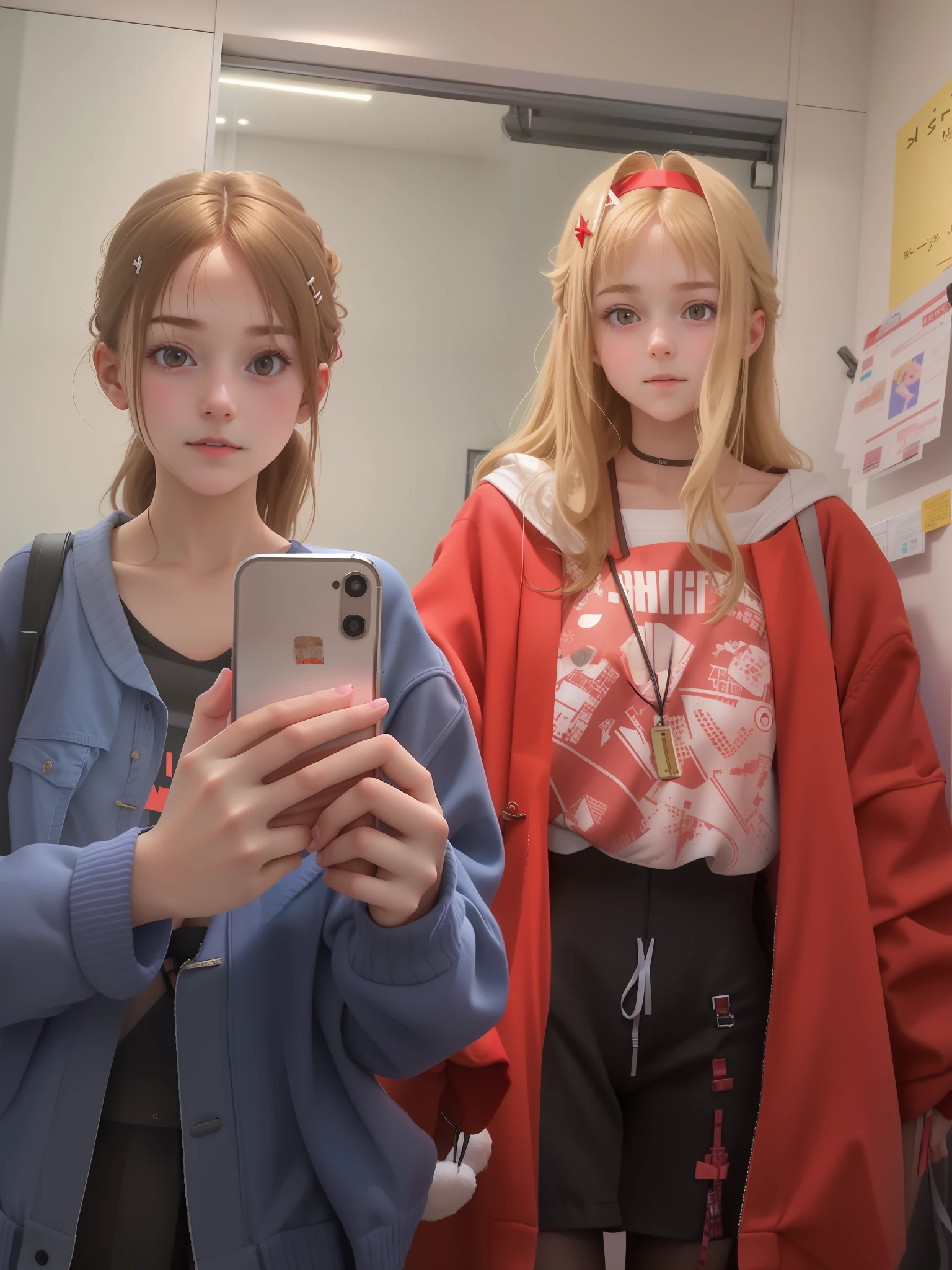 1girl, naked, standing in a room with a cell phone, very accurate photo, mirror selfie, 8k selfie photograph,gen z, in school hallway, two girls, taking a selfie, taking selfies, standing in front of a mirror, wearing red clothes, real life picture, ahoge,hairclip, thigh_strap, white_background,