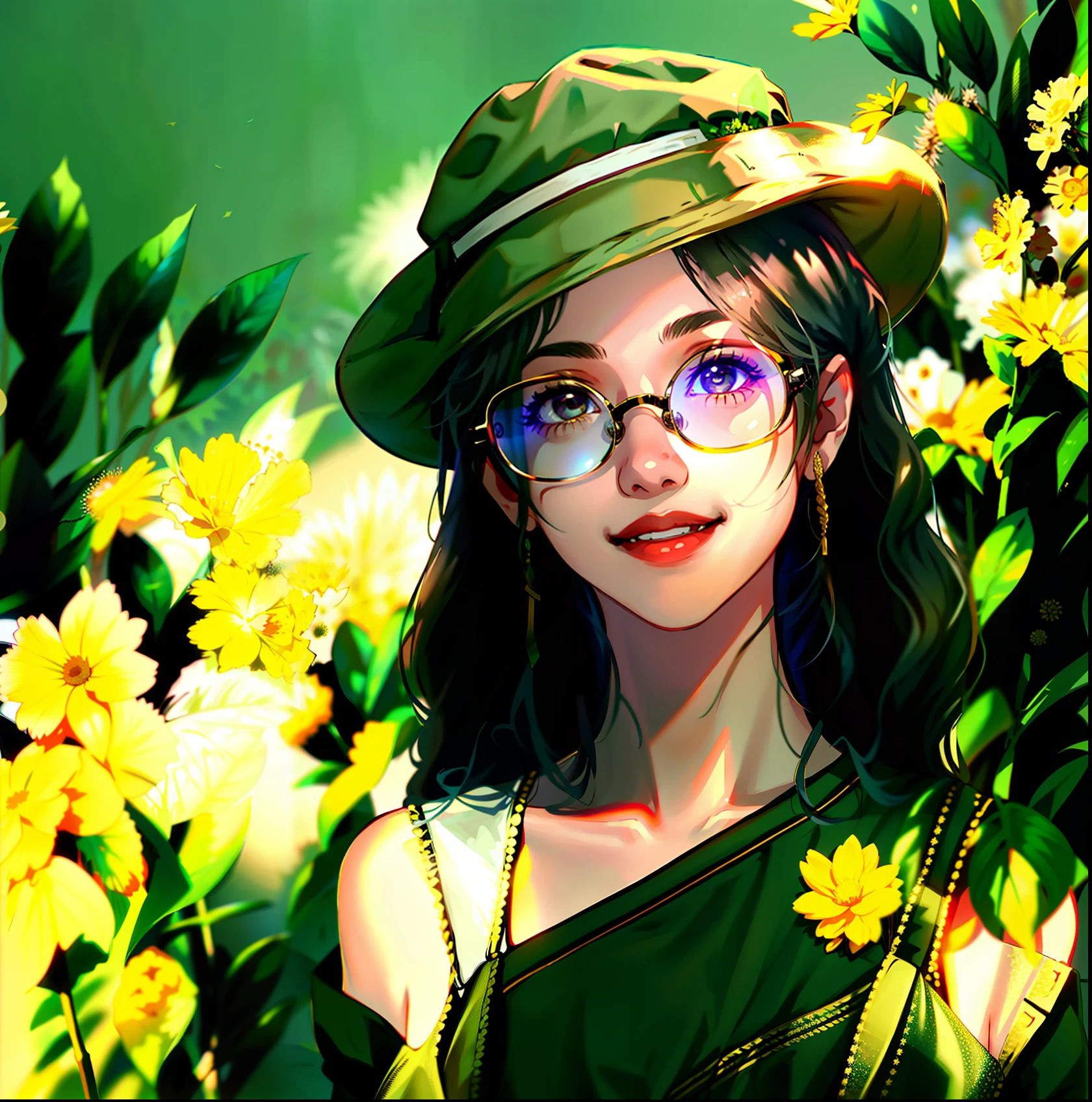 A girl, khaki hat, flowers in hand, upper body, 8K, wheat-colored skin, sexy lips, smile, glasses, highest quality, slip dress,